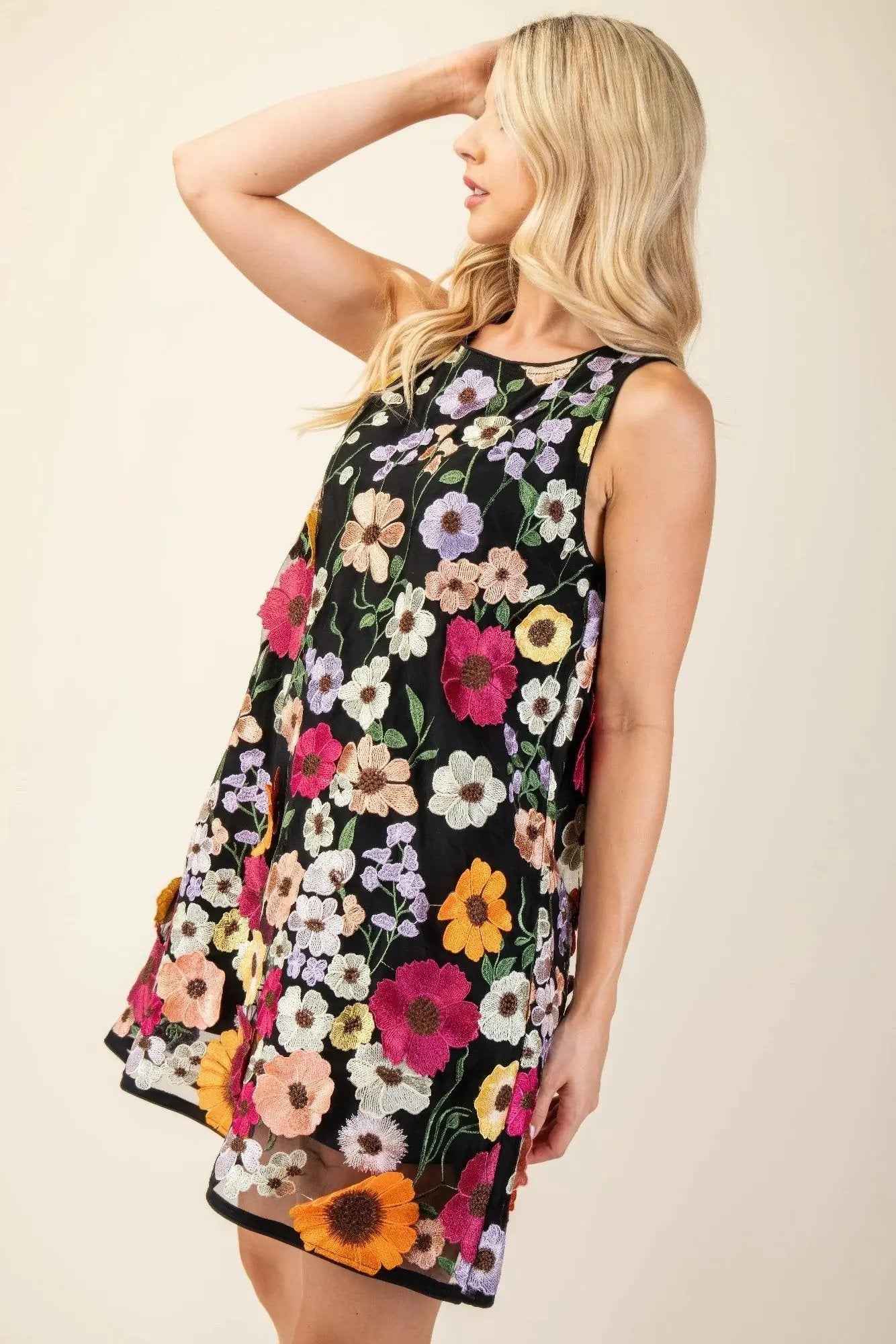 3d Floral Embroidered Sleeveless Mini Dress