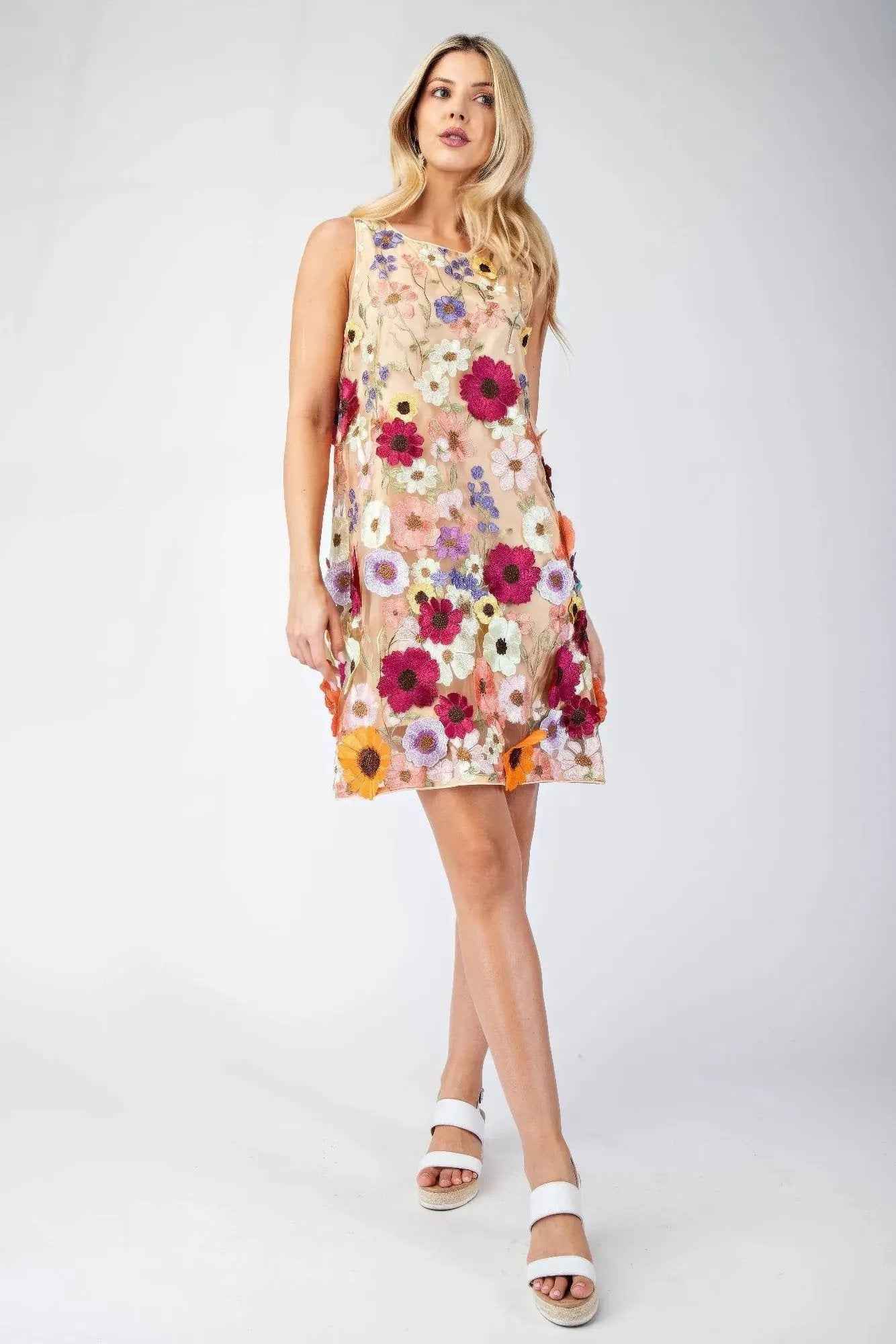 3d Floral Embroidered Sleeveless Mini Dress