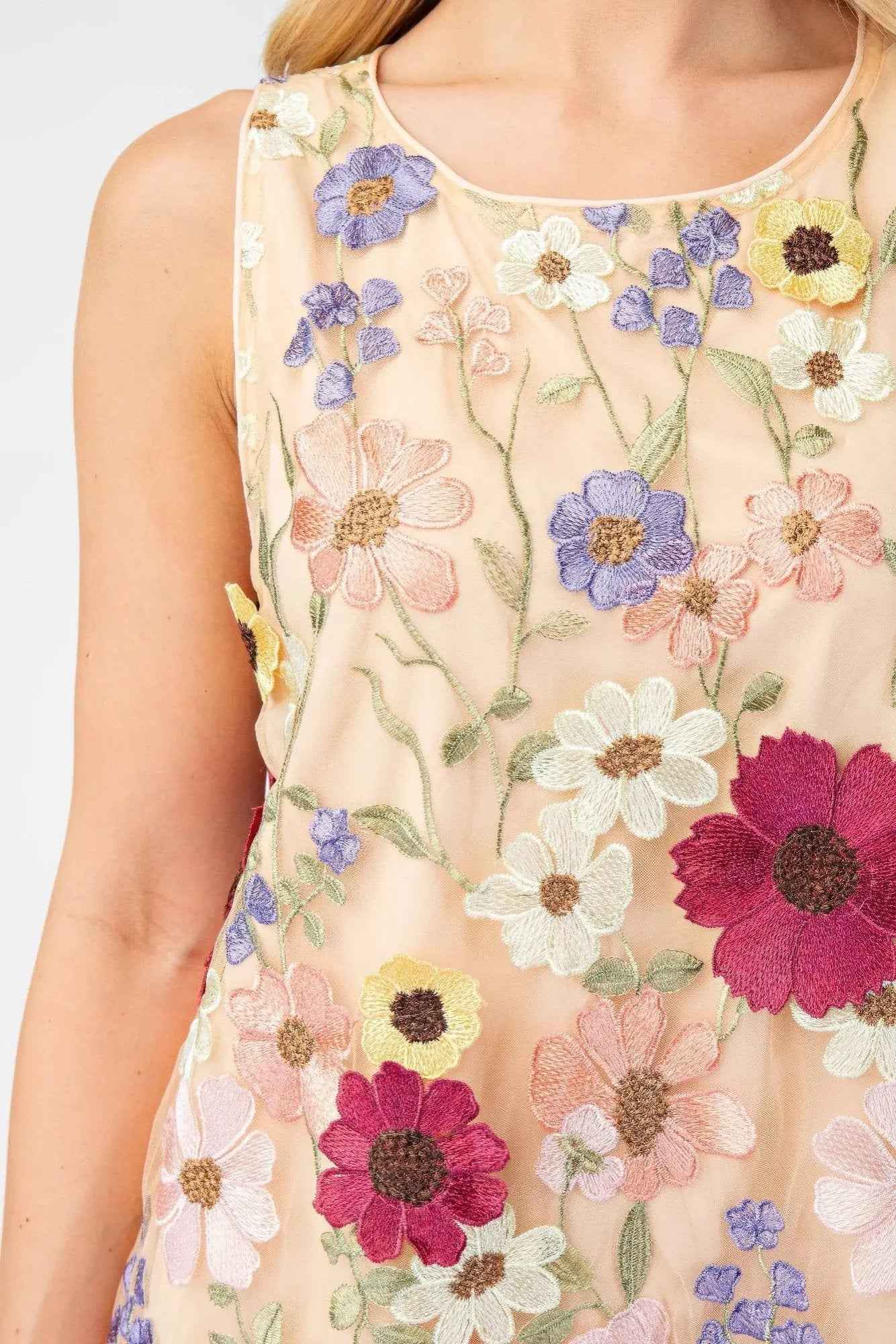 3d Floral Embroidered Sleeveless Mini Dress