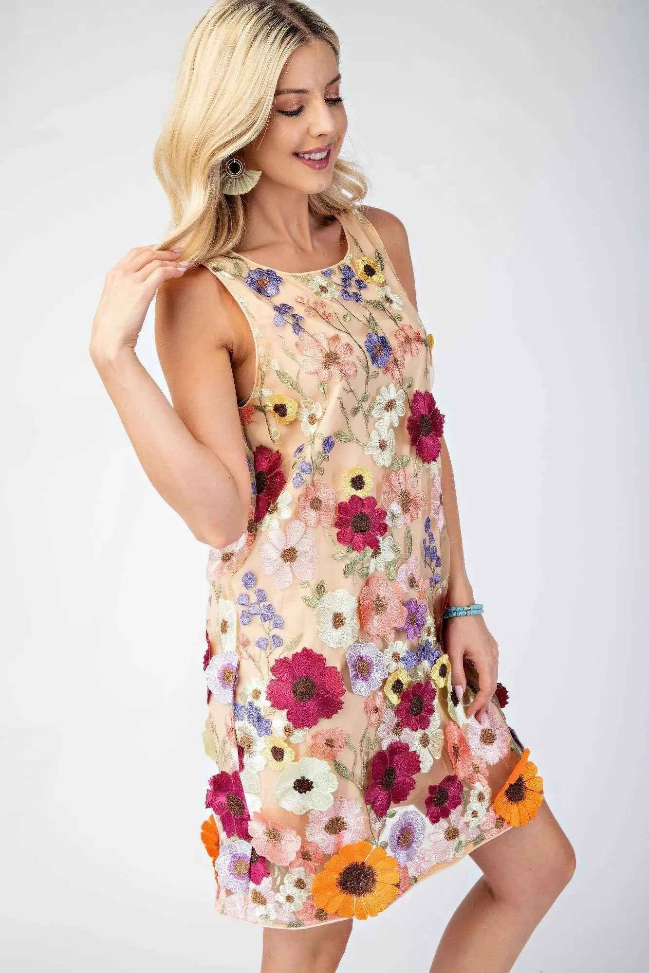 3d Floral Embroidered Sleeveless Mini Dress