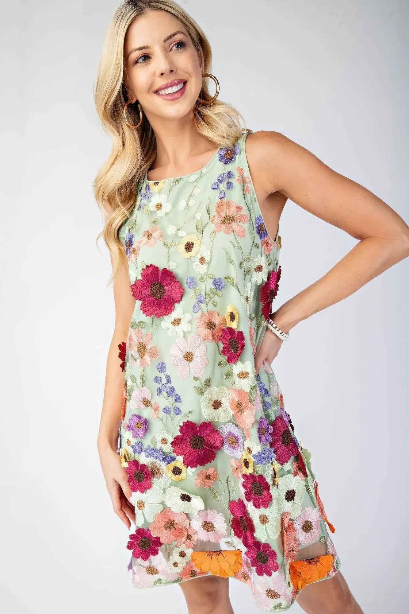3d Floral Embroidered Sleeveless Mini Dress