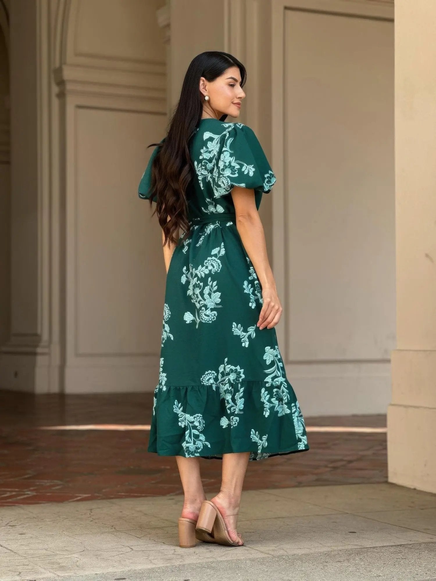 Belted Flare Floral Print Cap Sleeve Midi Dress - DressAffection