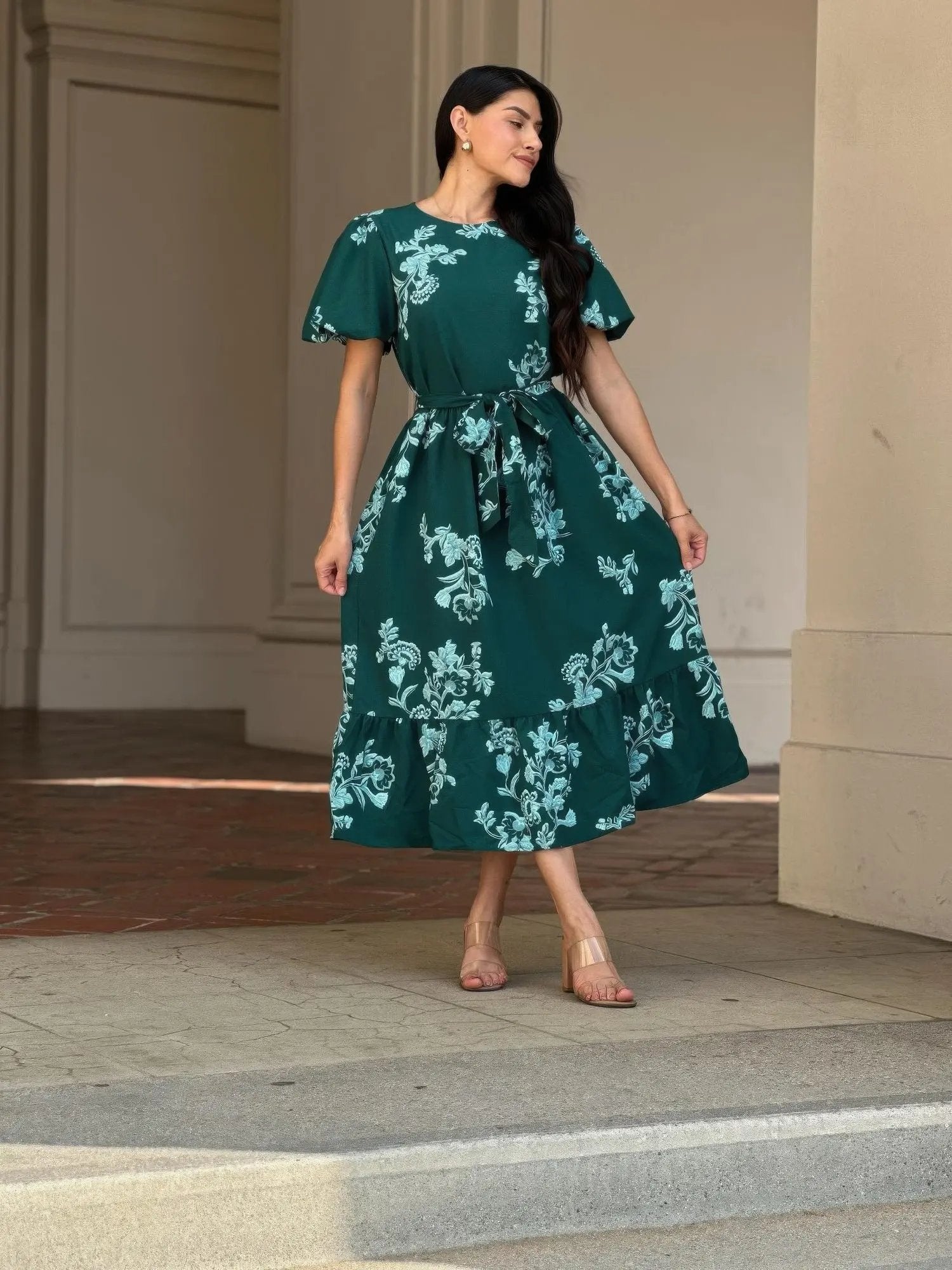 Belted Flare Floral Print Cap Sleeve Midi Dress - DressAffection