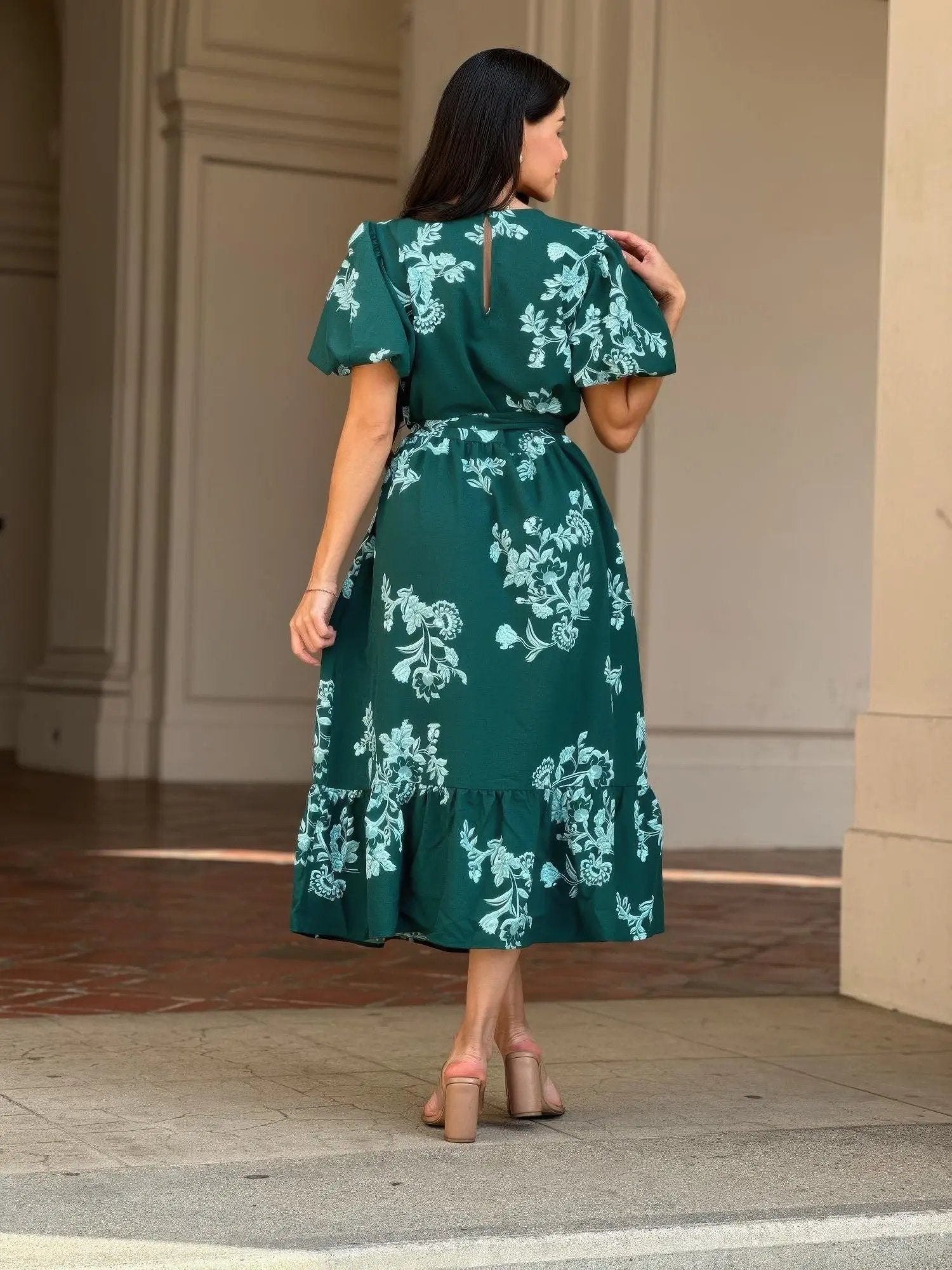 Belted Flare Floral Print Cap Sleeve Midi Dress - DressAffection