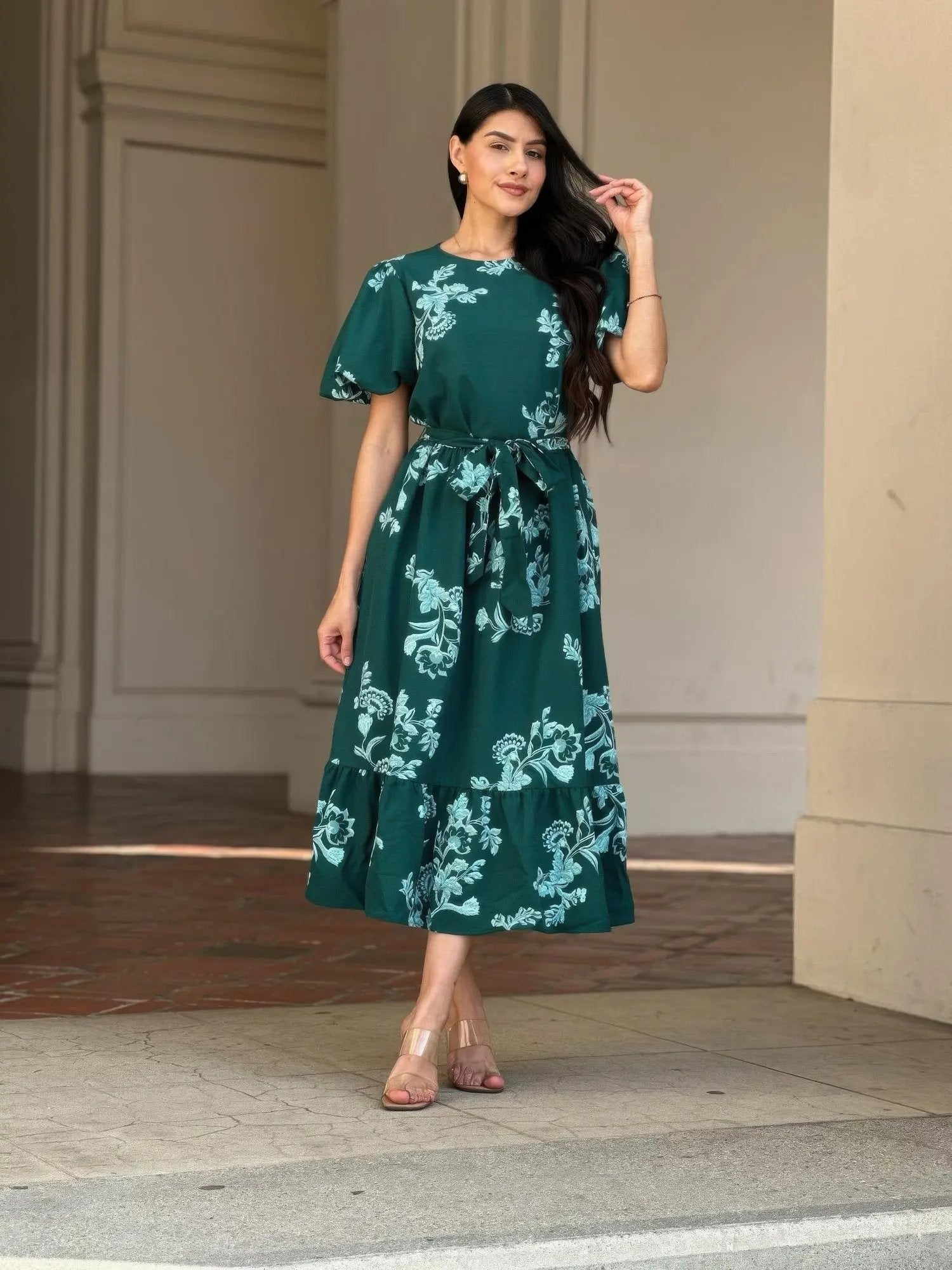 Belted Flare Floral Print Cap Sleeve Midi Dress - DressAffection