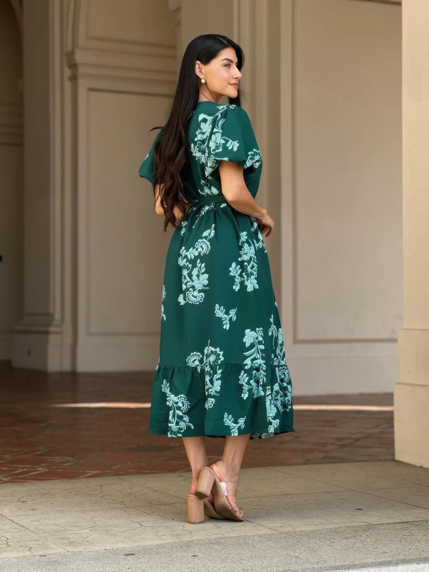 Belted Flare Floral Print Cap Sleeve Midi Dress - DressAffection