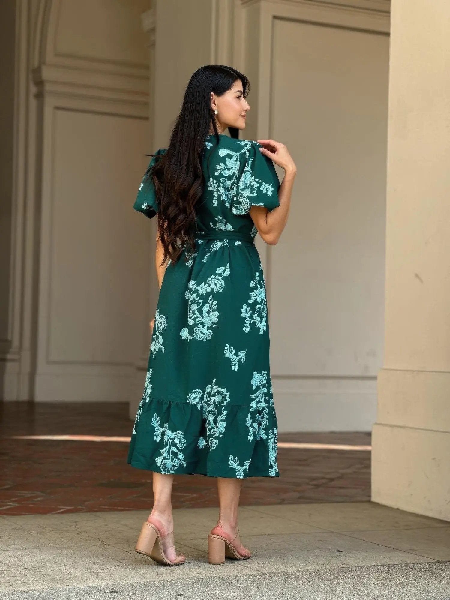 Belted Flare Floral Print Cap Sleeve Midi Dress - DressAffection