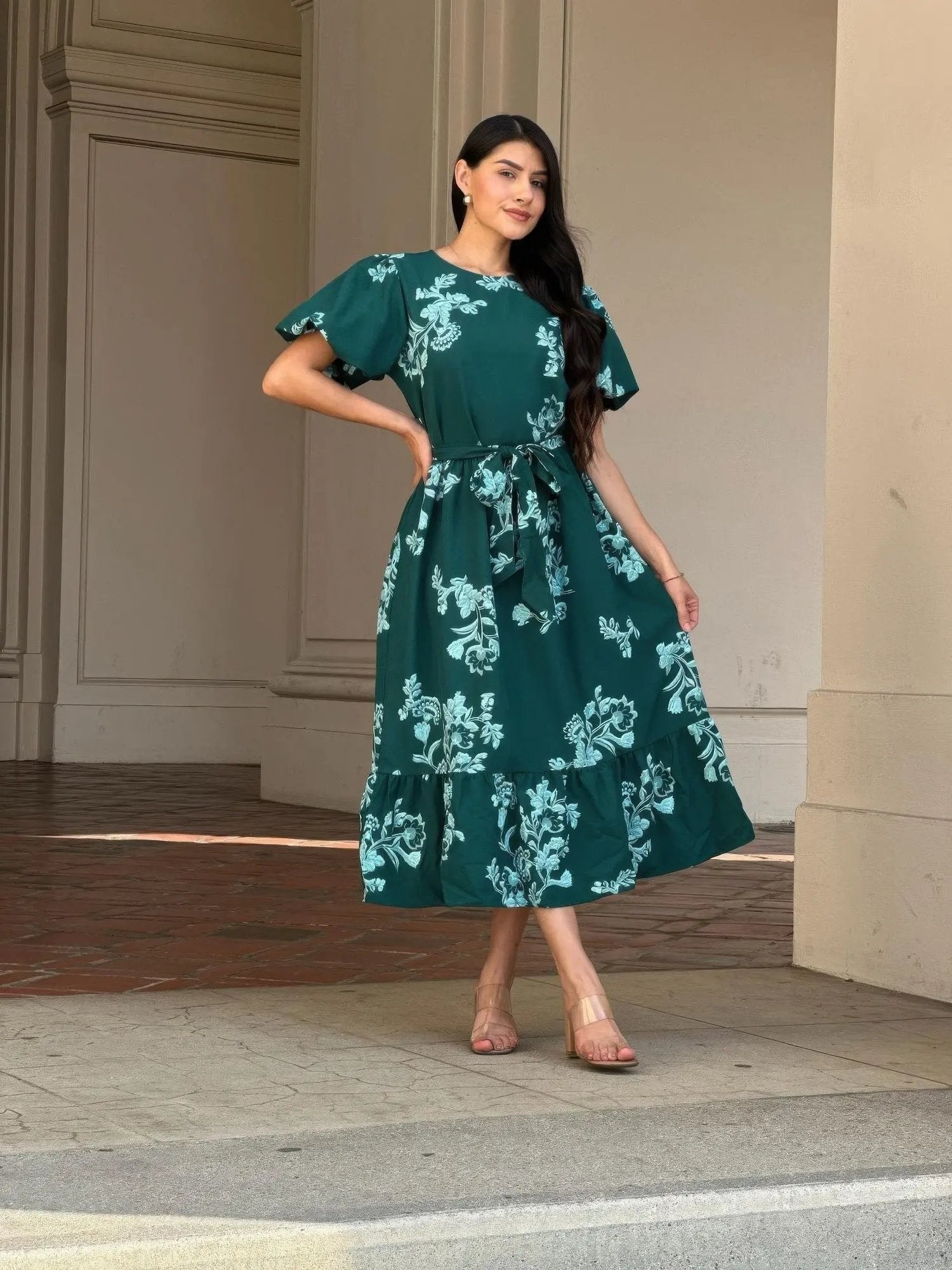 Belted Flare Floral Print Cap Sleeve Midi Dress - DressAffection
