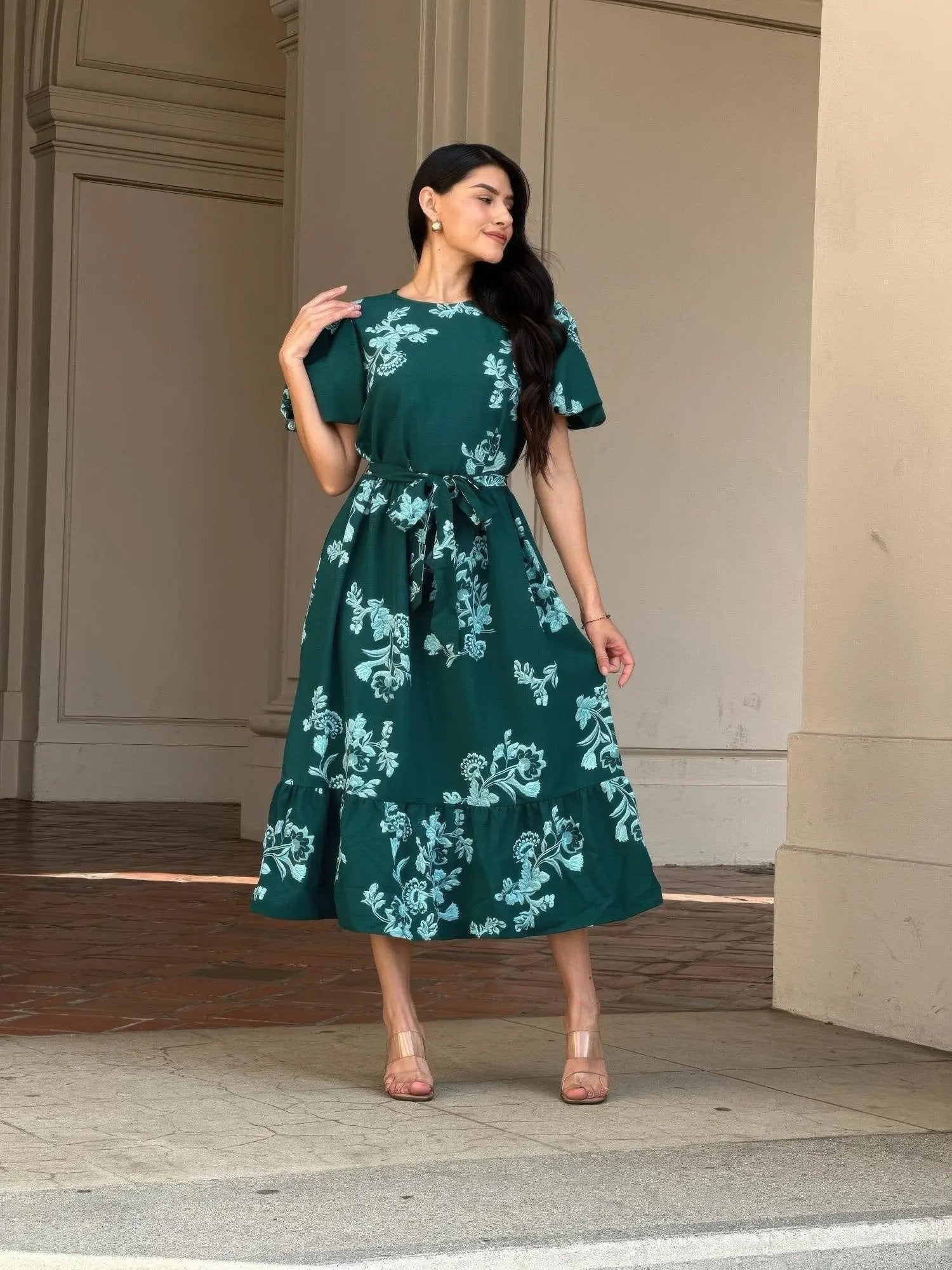 Belted Flare Floral Print Cap Sleeve Midi Dress - DressAffection