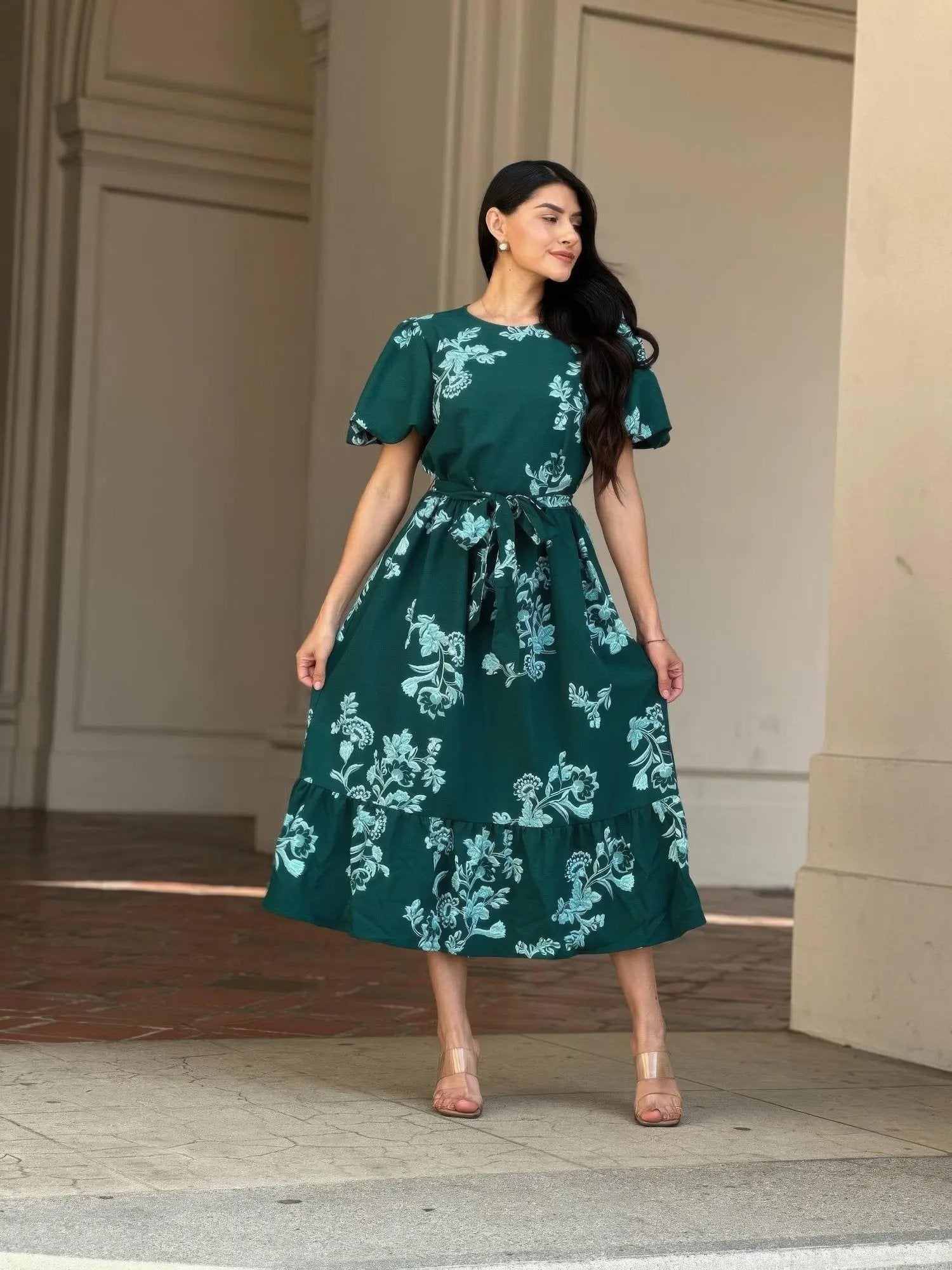 Belted Flare Floral Print Cap Sleeve Midi Dress - DressAffection