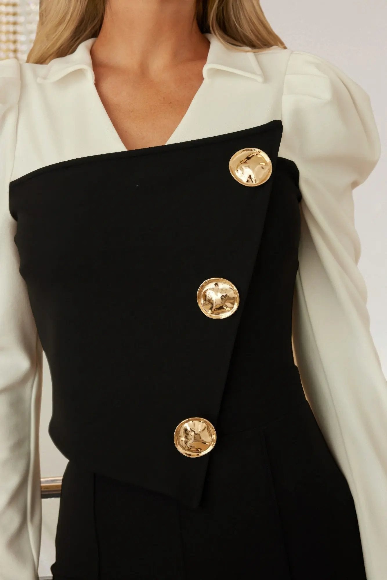 Black And White Puff Shoulder Cap Jumpsuit - DressAffection