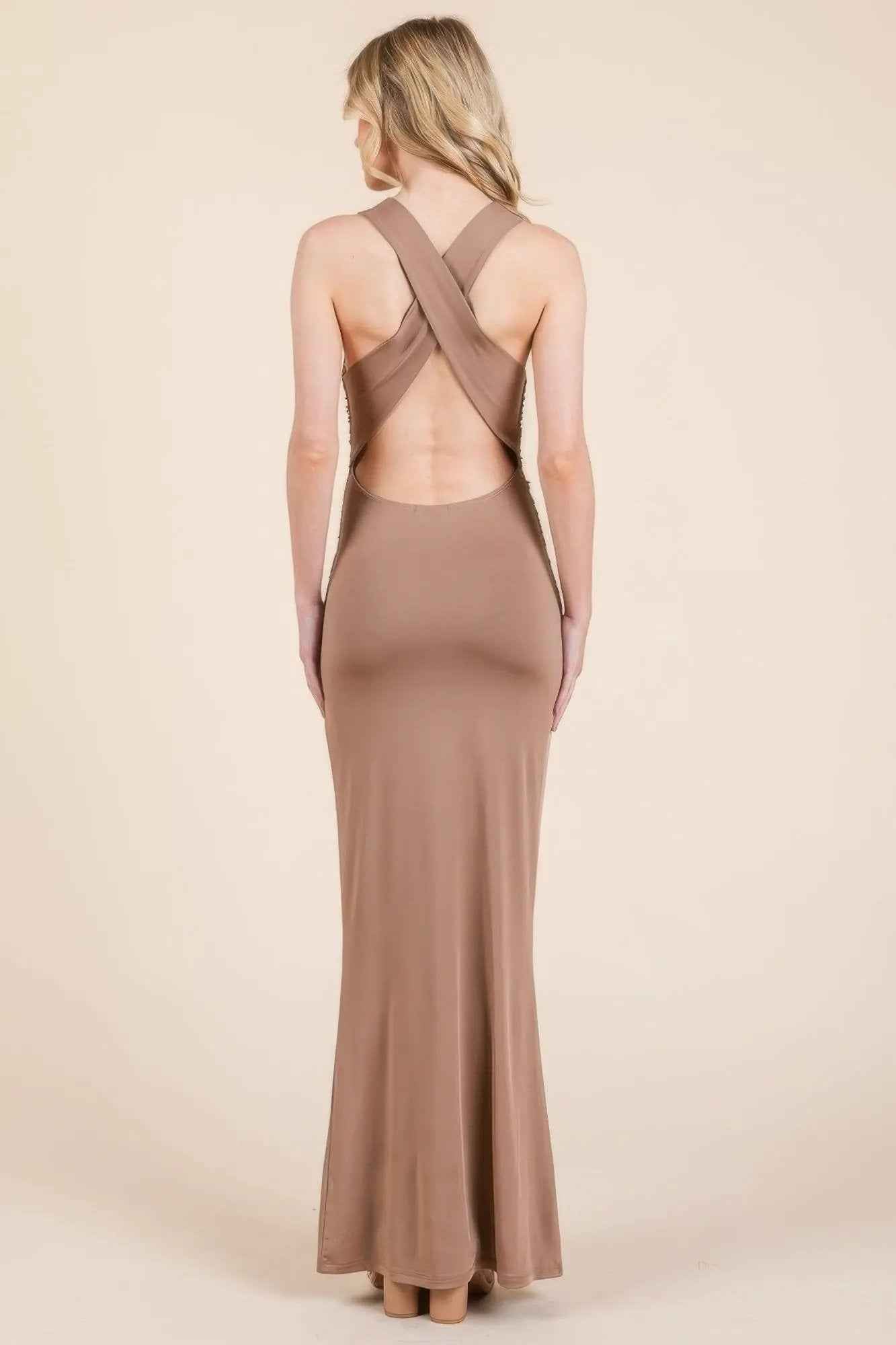 Cowl Neck Cross Back Shirring Maxi Dress