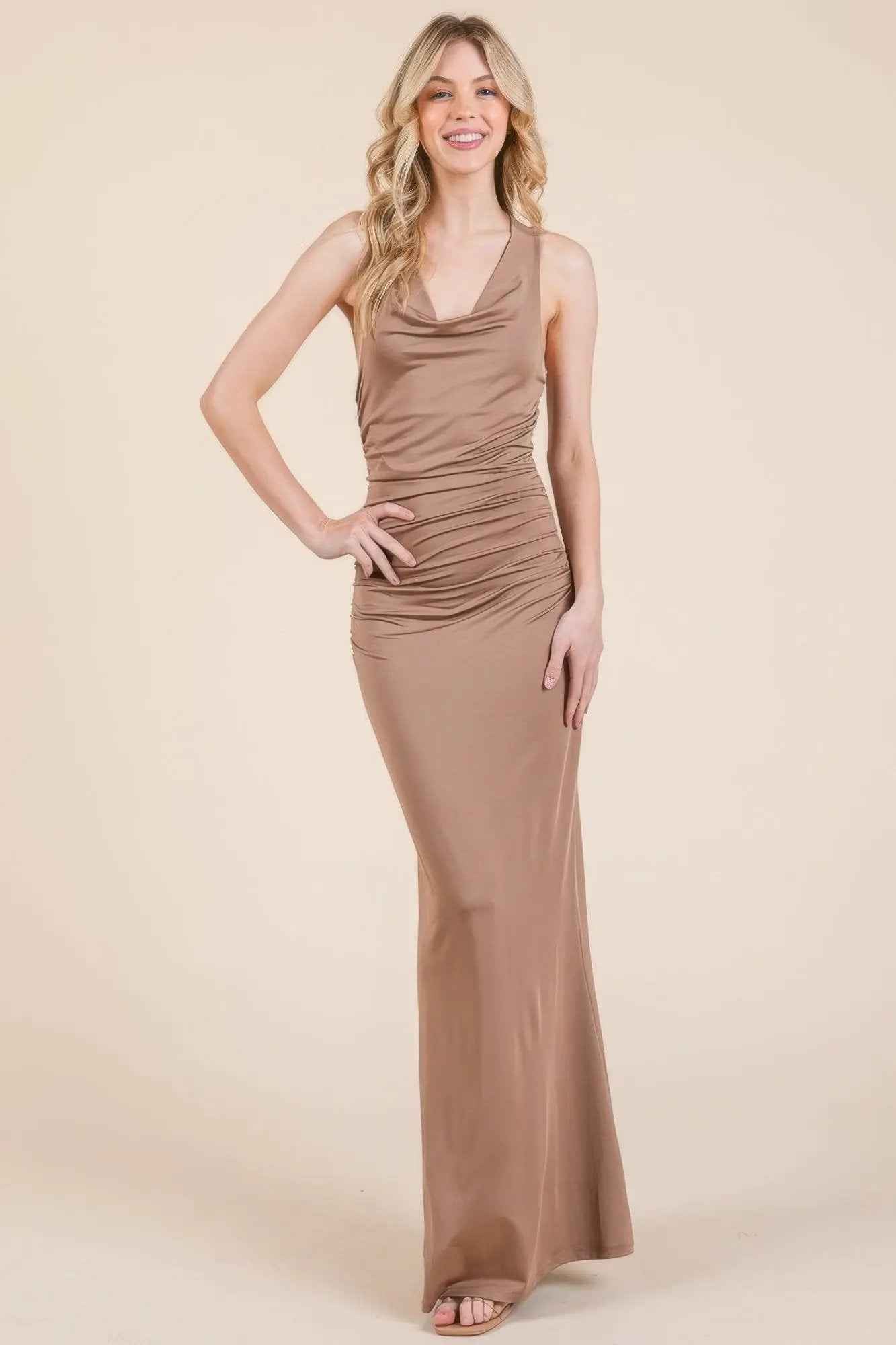 Cowl Neck Cross Back Shirring Maxi Dress