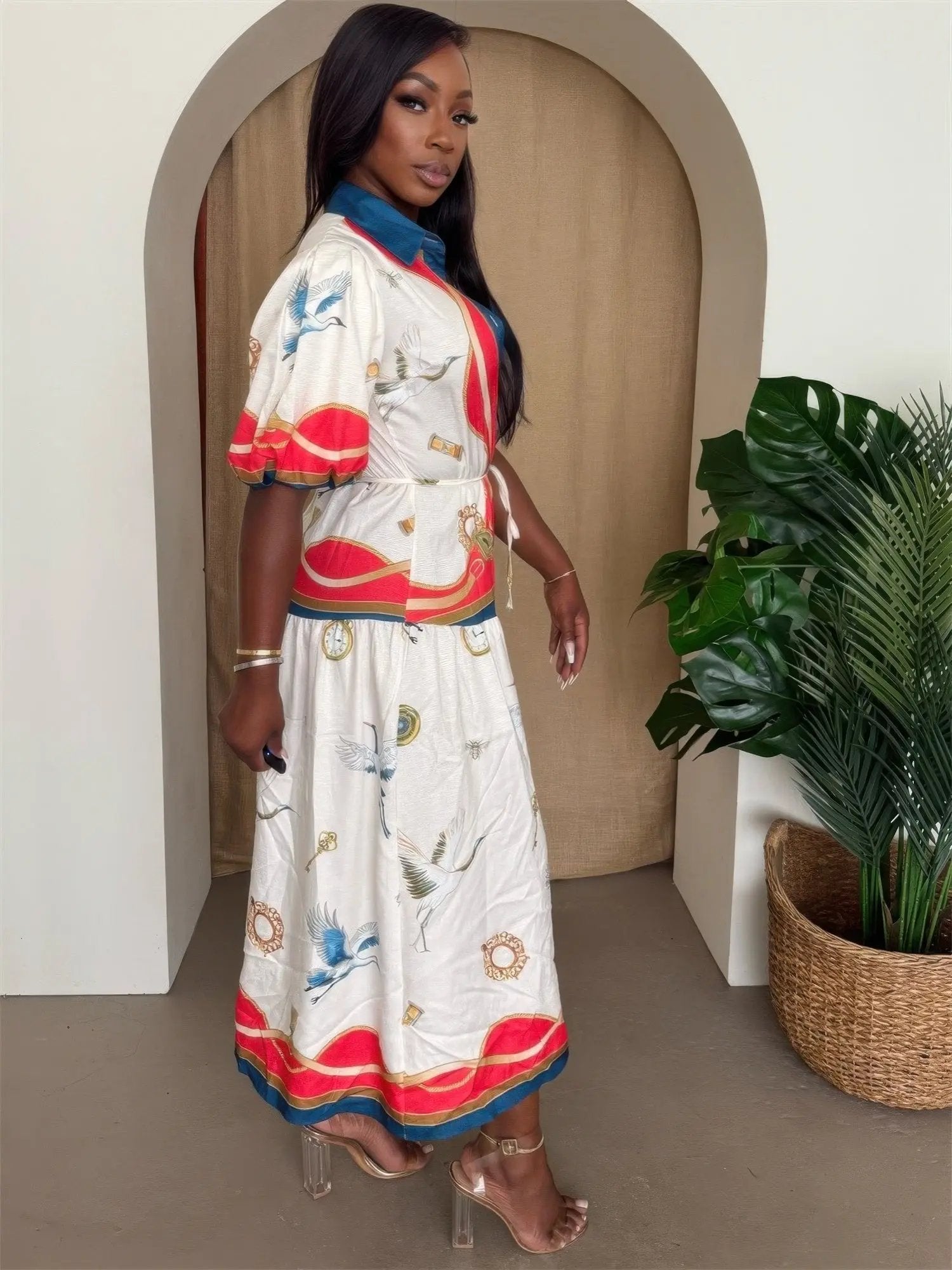 Crane & Nautical Belted Midi Dress Ivory Multi - DressAffection