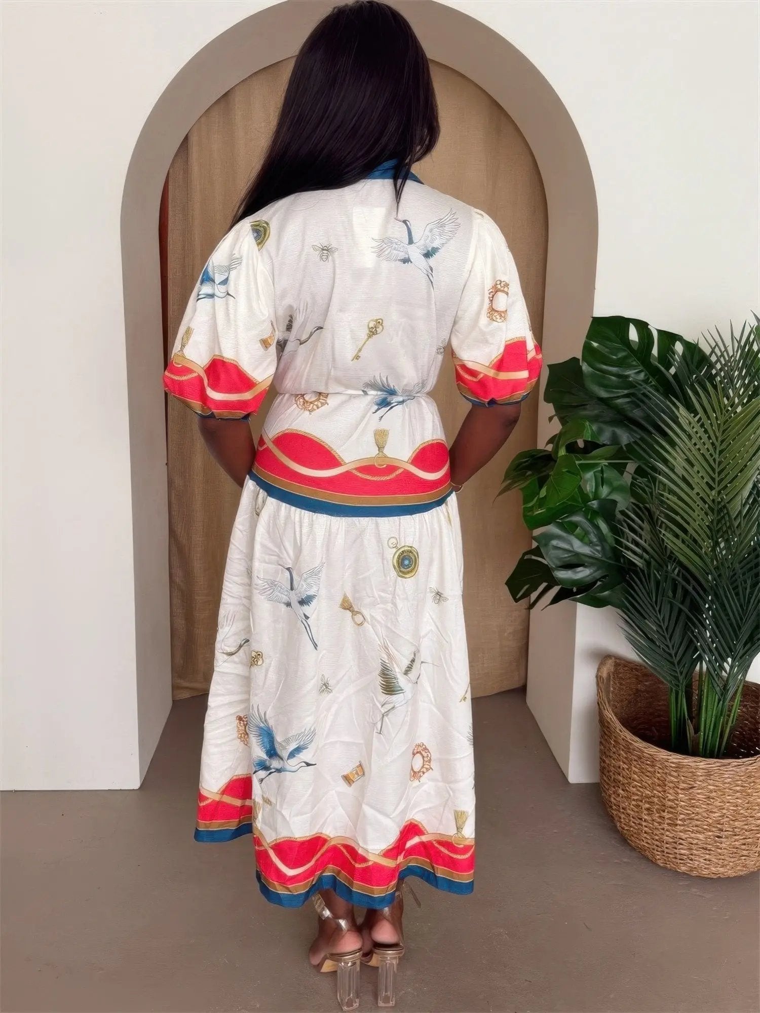 Crane & Nautical Belted Midi Dress Ivory Multi - DressAffection