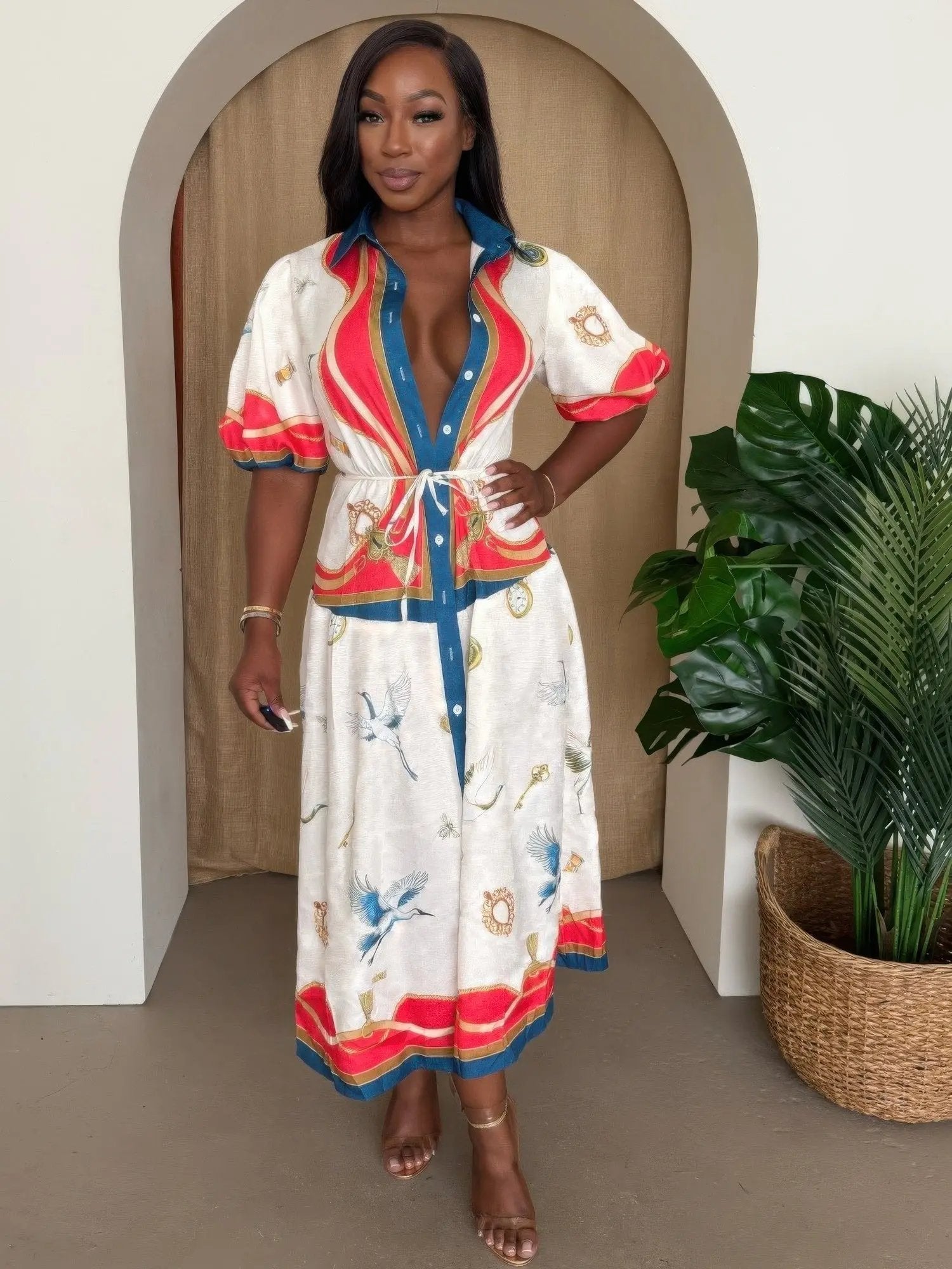 Crane & Nautical Belted Midi Dress Ivory Multi - DressAffection