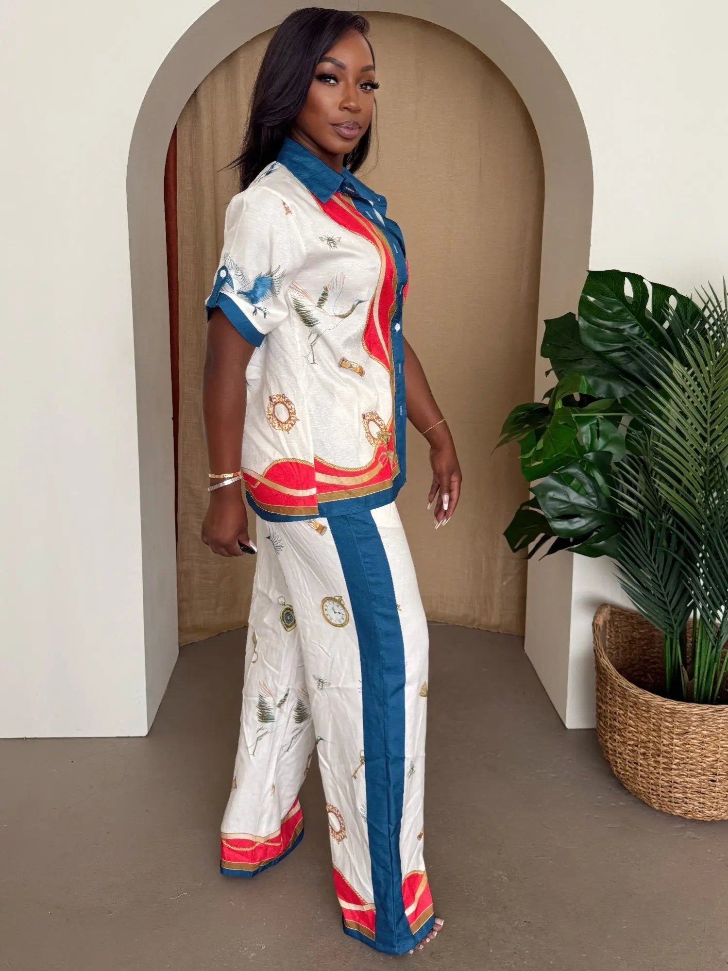 Crane & Nautical Print Shirt Pant Set Ivory Multi - DressAffection