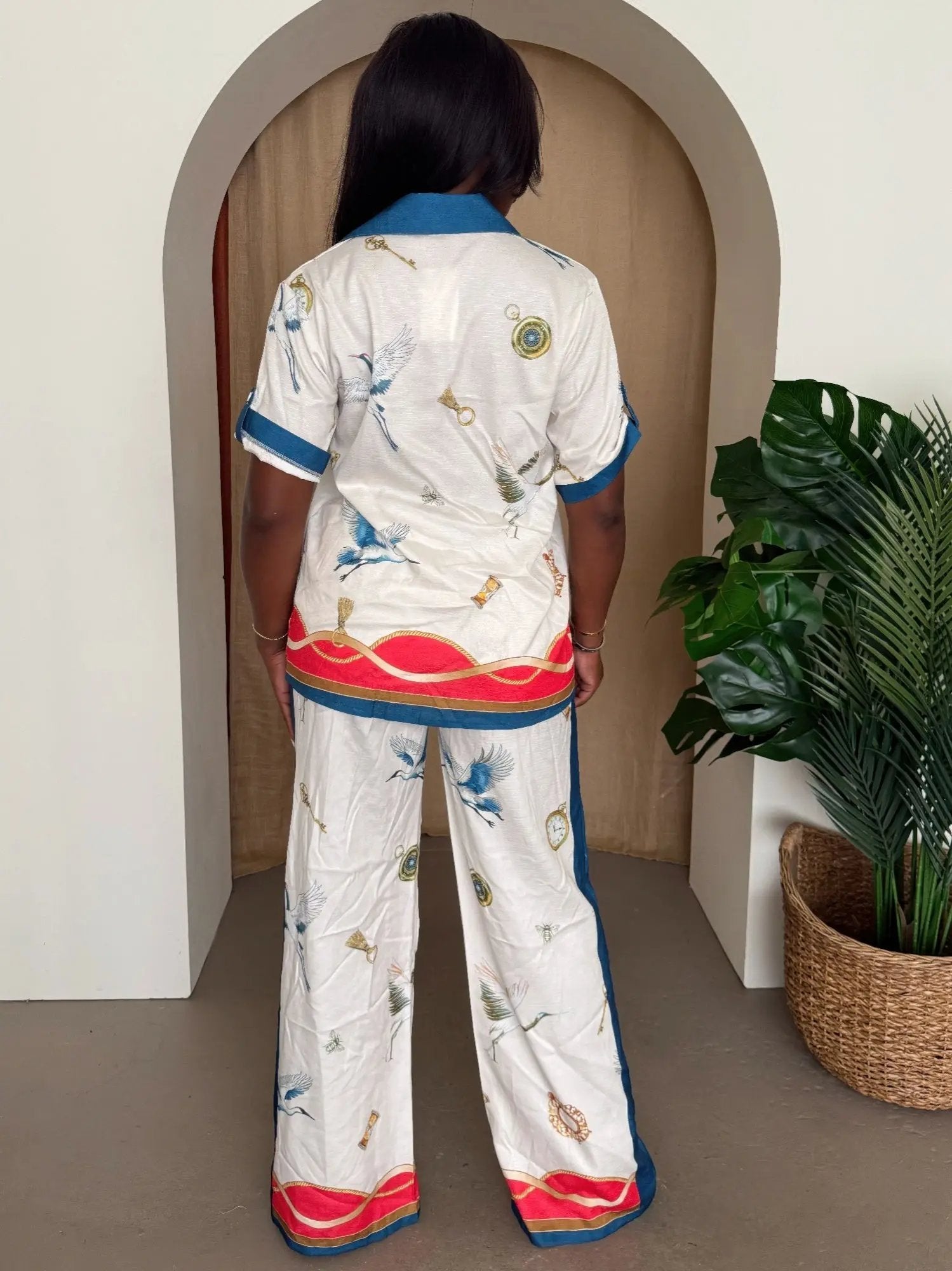 Crane & Nautical Print Shirt Pant Set Ivory Multi - DressAffection