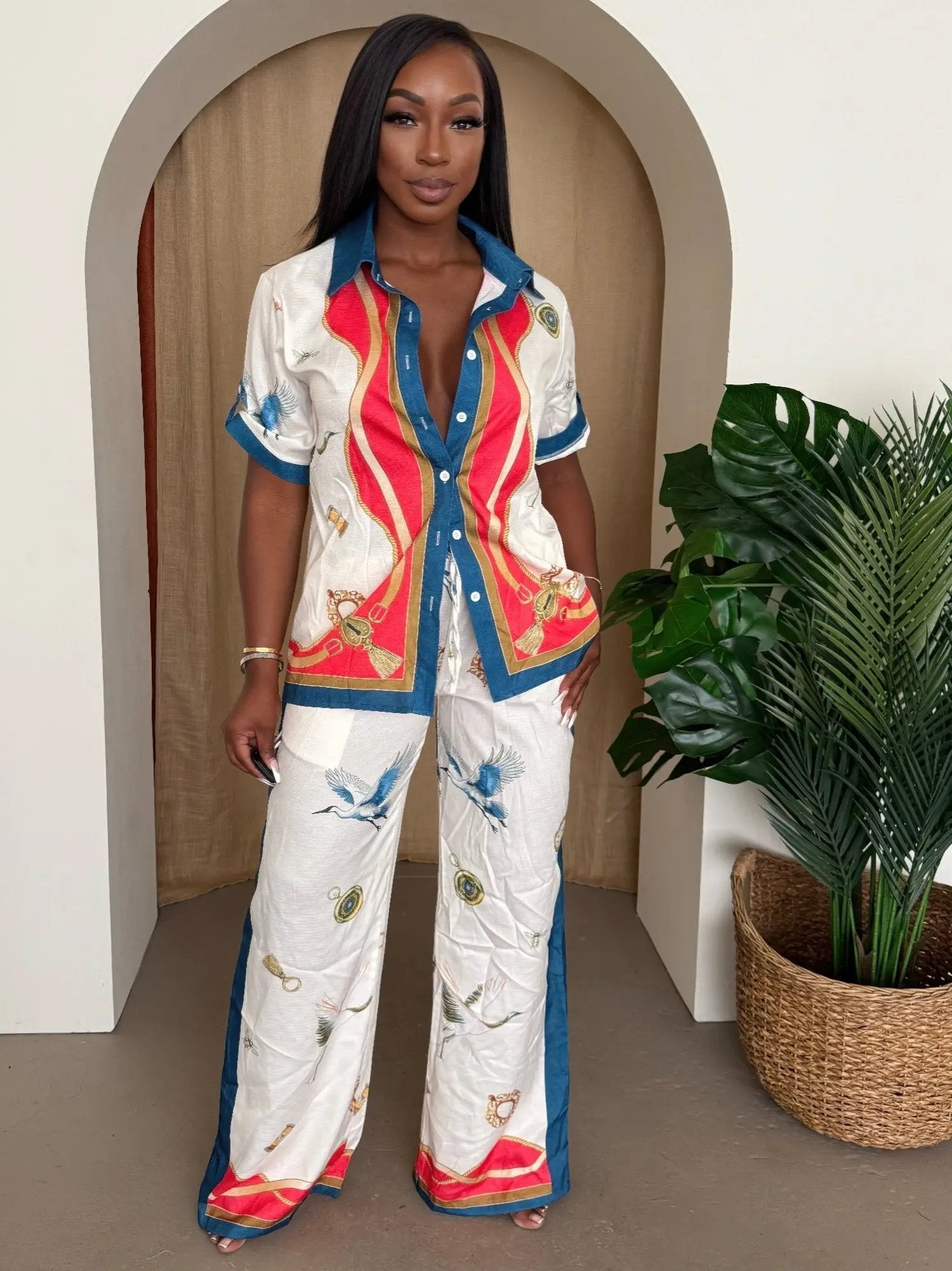 Crane & Nautical Print Shirt Pant Set Ivory Multi - DressAffection