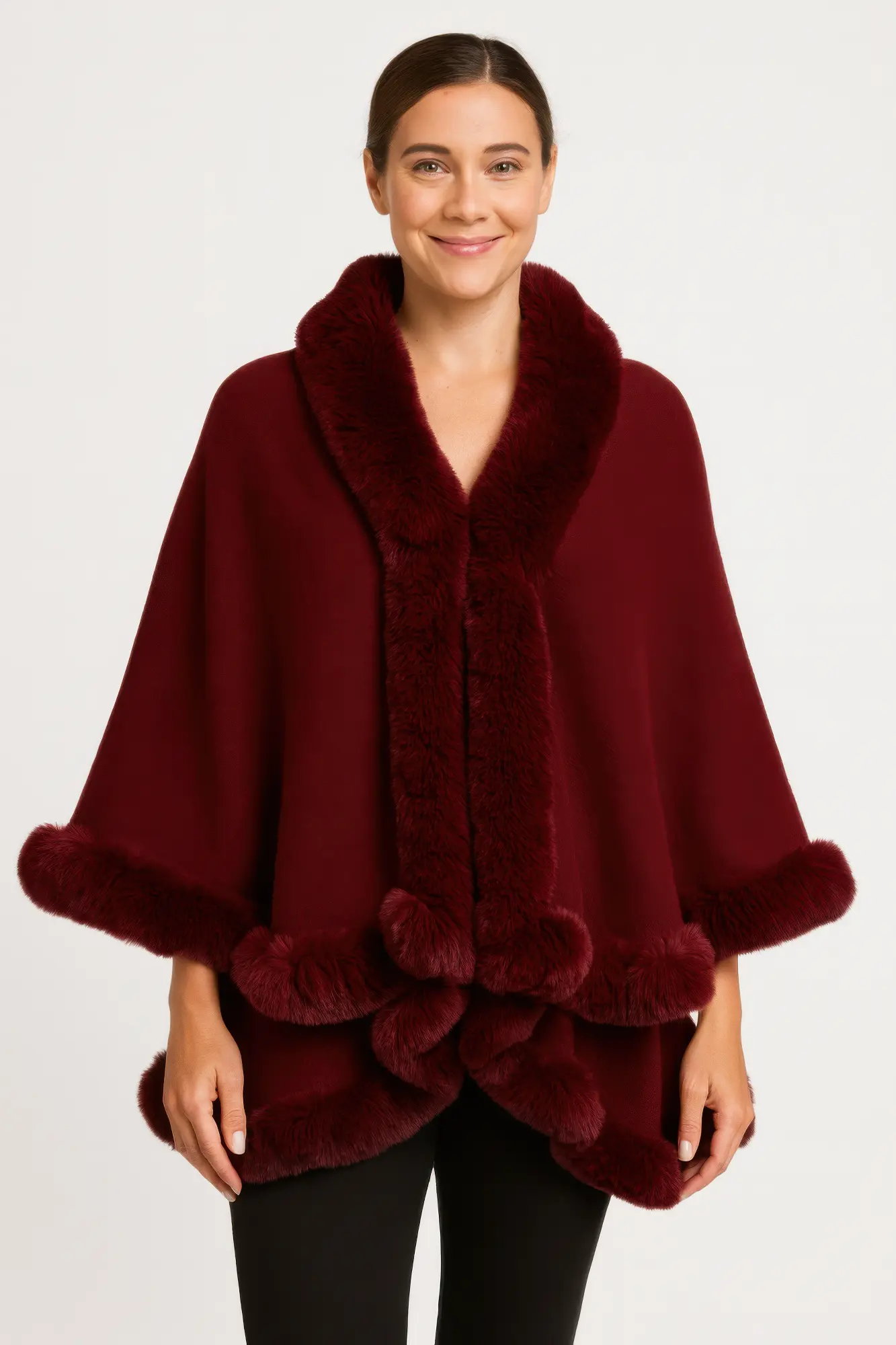 Crimson Elegance Faux Fur Trim Cape - DressAffection