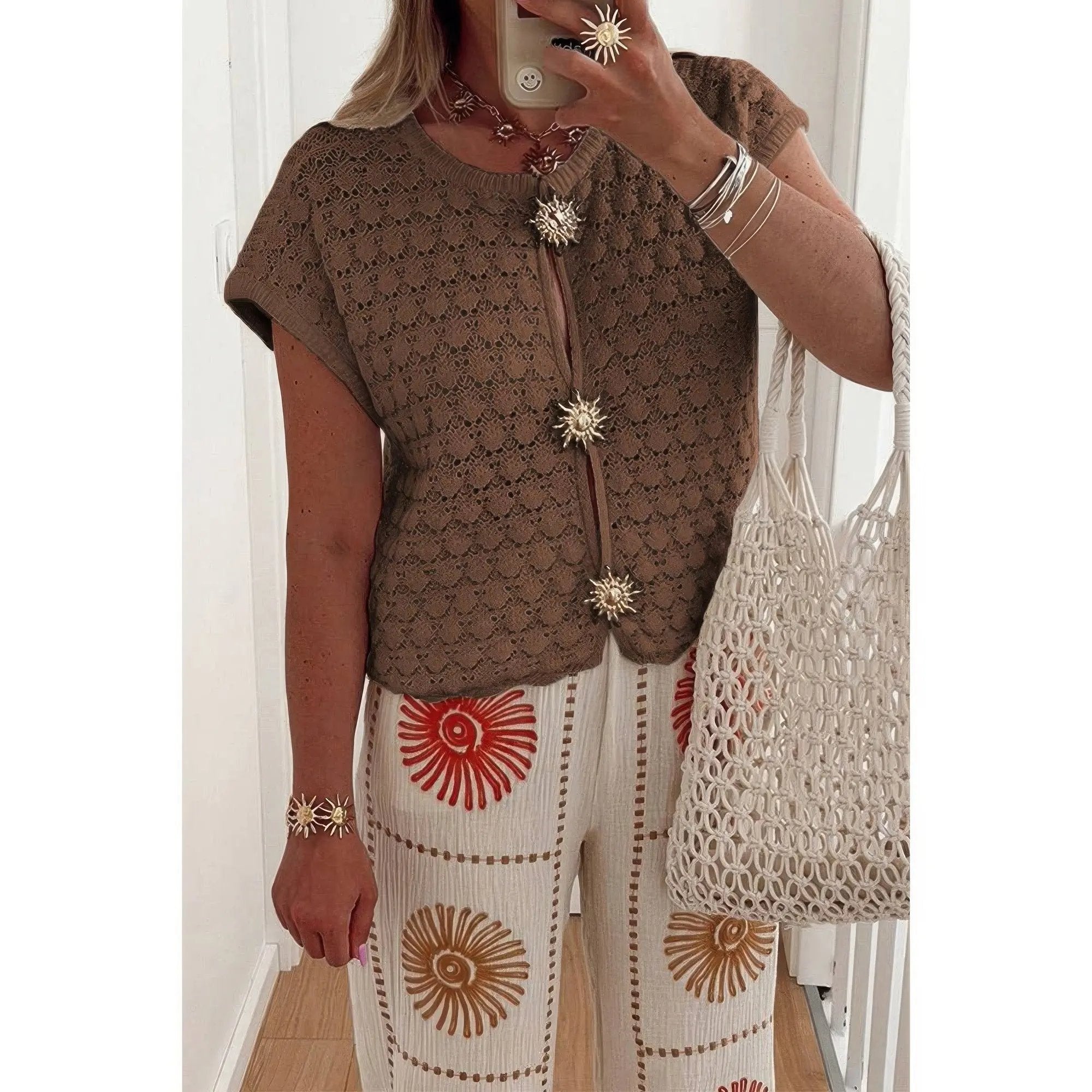 Crochet Short Sleeve Button Front Sweater - DressAffection