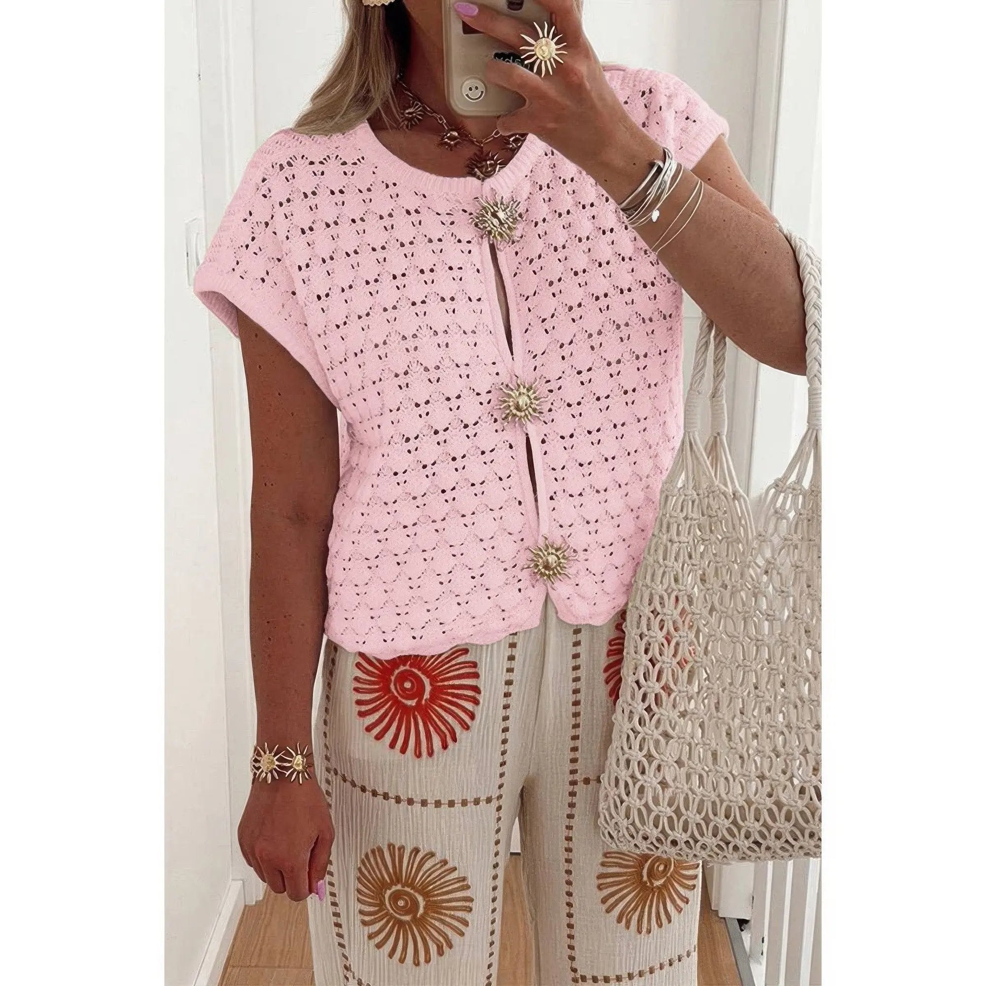 Crochet Short Sleeve Button Front Sweater - DressAffection