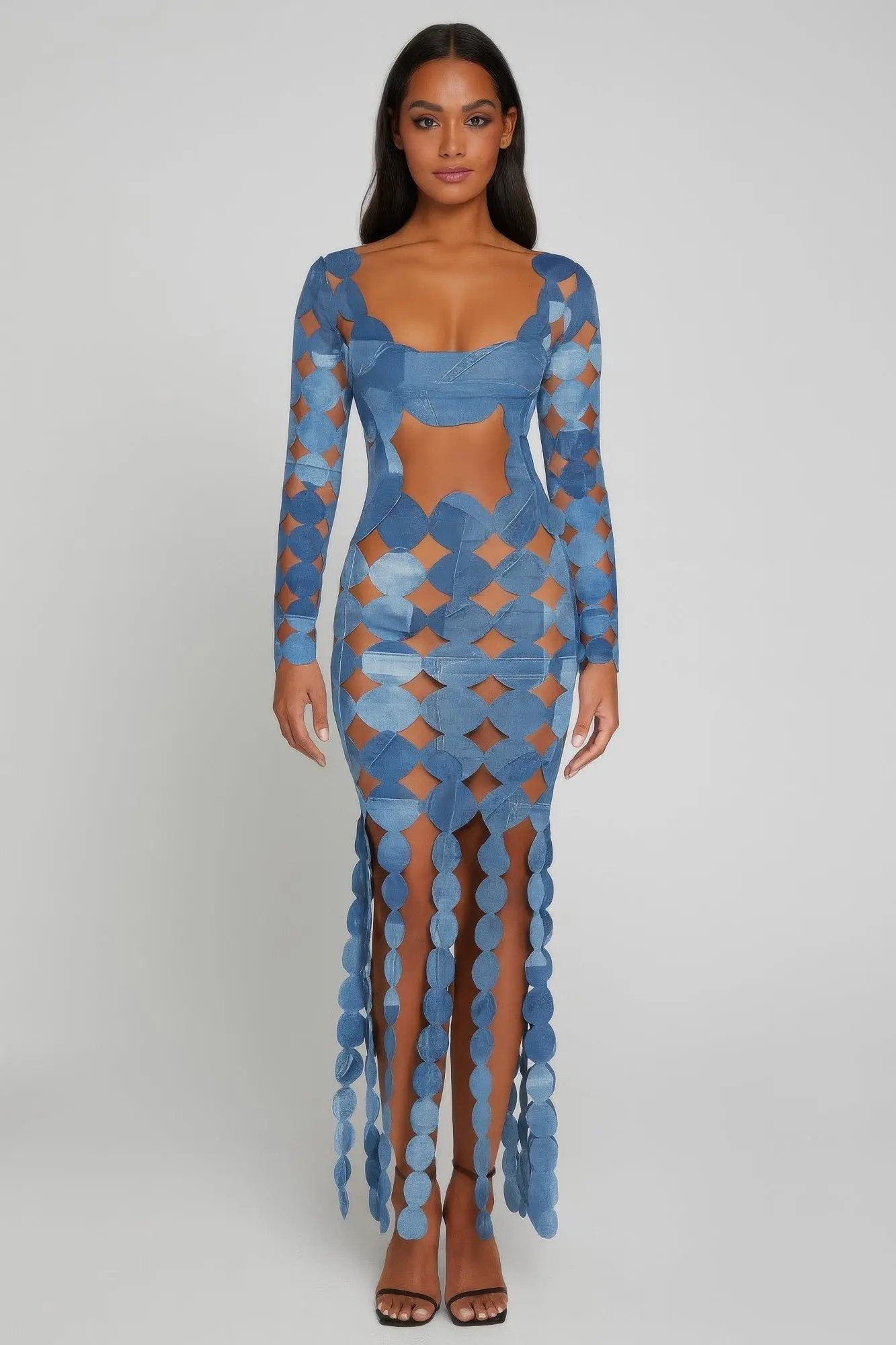 Denim Print Sexy Cut Out Maxi Dress - DressAffection