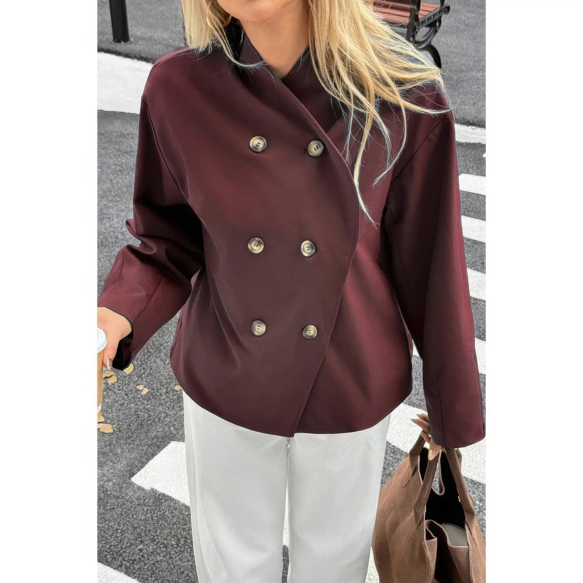 Double Breasted V Neck Trench Long Sleeve Coat - DressAffection