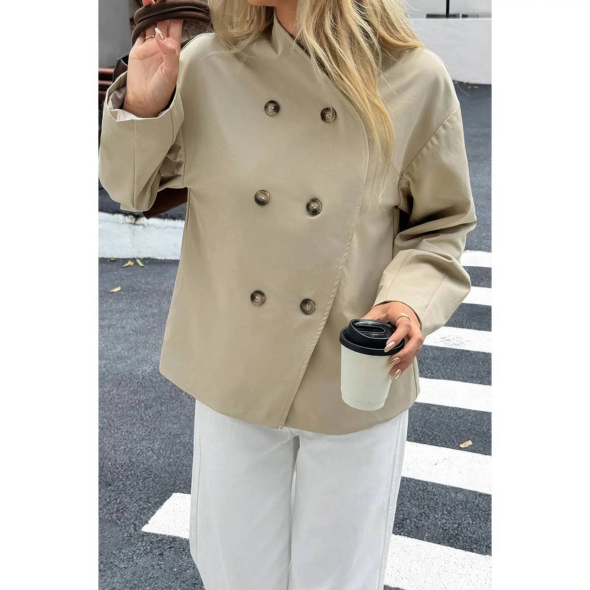 Double Breasted V Neck Trench Long Sleeve Coat - DressAffection