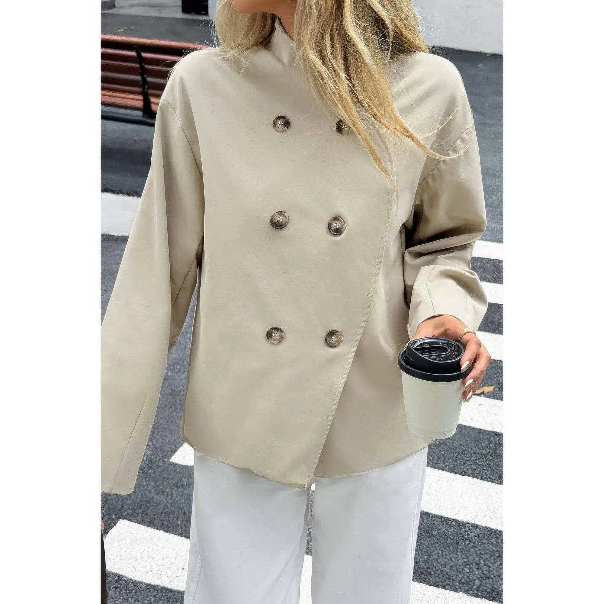 Double Breasted V Neck Trench Long Sleeve Coat - DressAffection