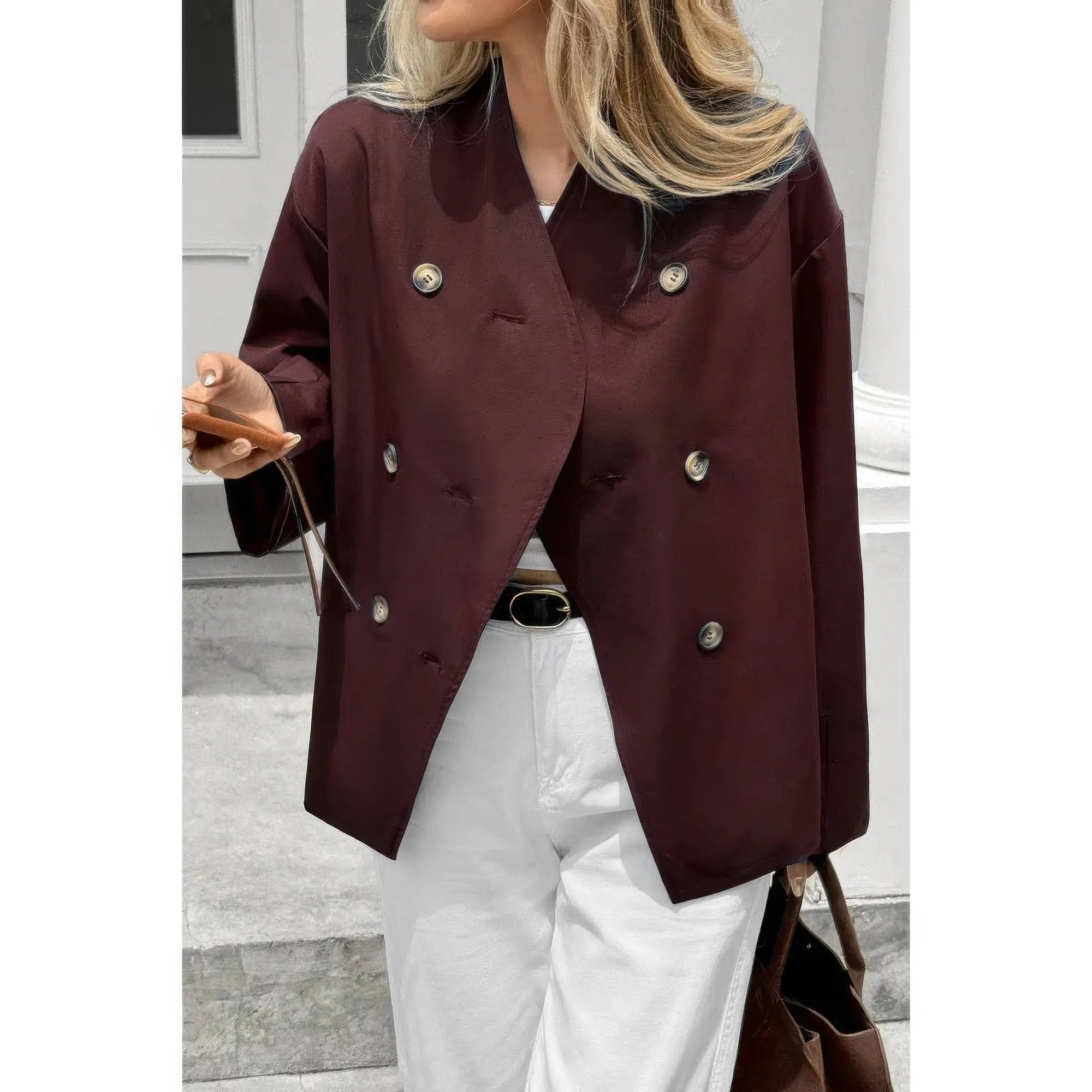 Double Breasted V Neck Trench Long Sleeve Coat - DressAffection