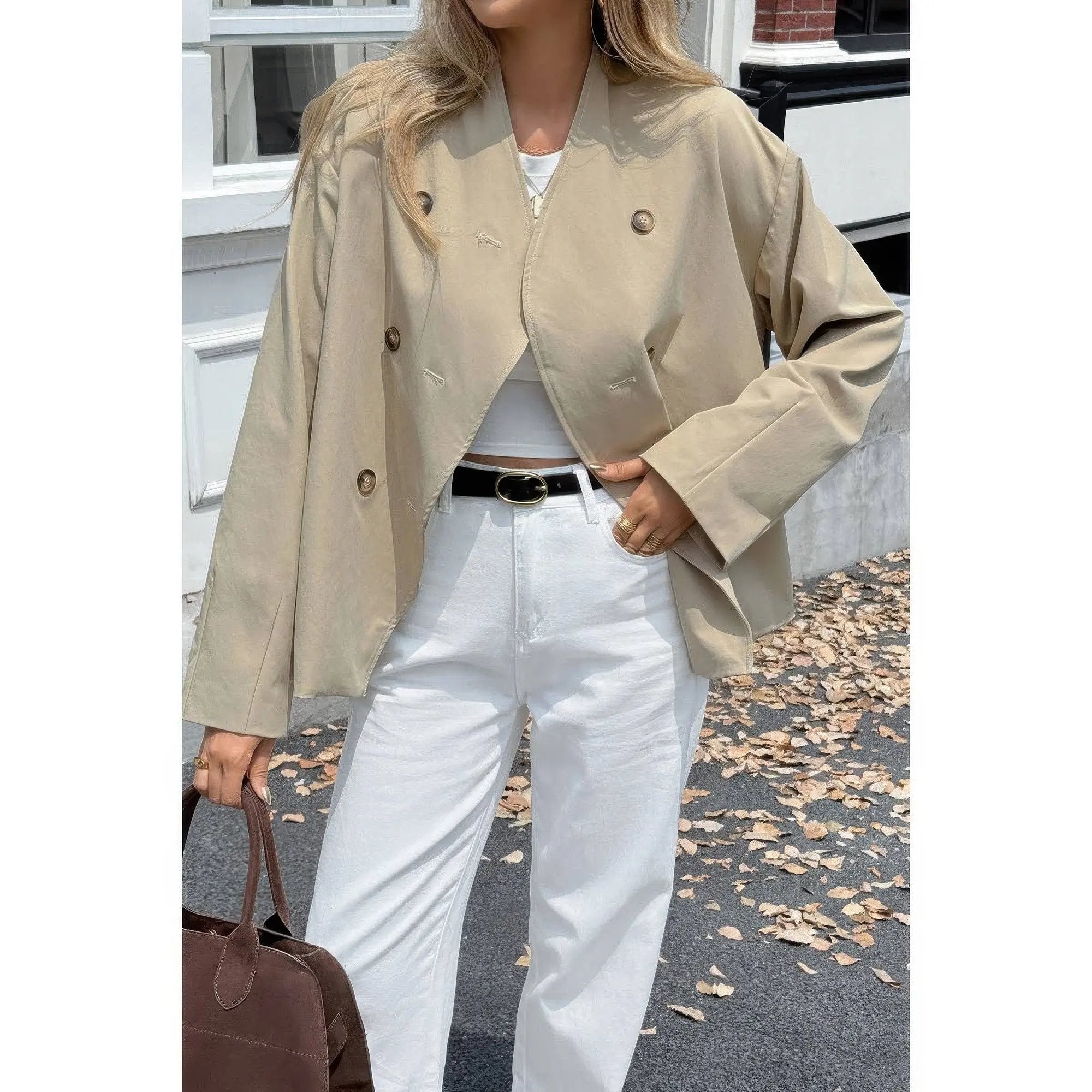 Double Breasted V Neck Trench Long Sleeve Coat - DressAffection