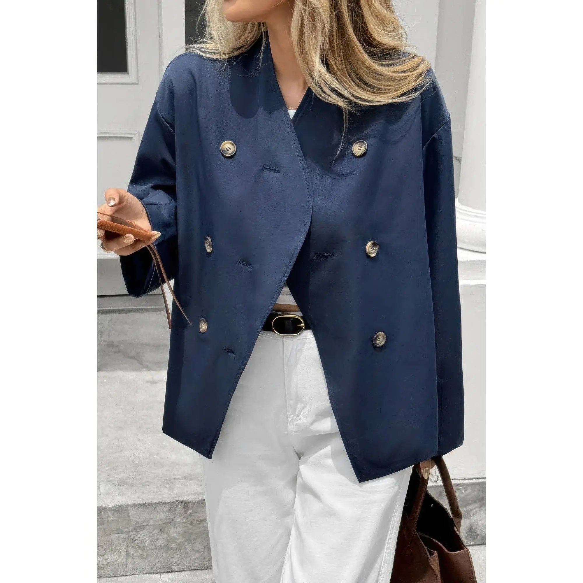Double Breasted V Neck Trench Long Sleeve Coat - DressAffection