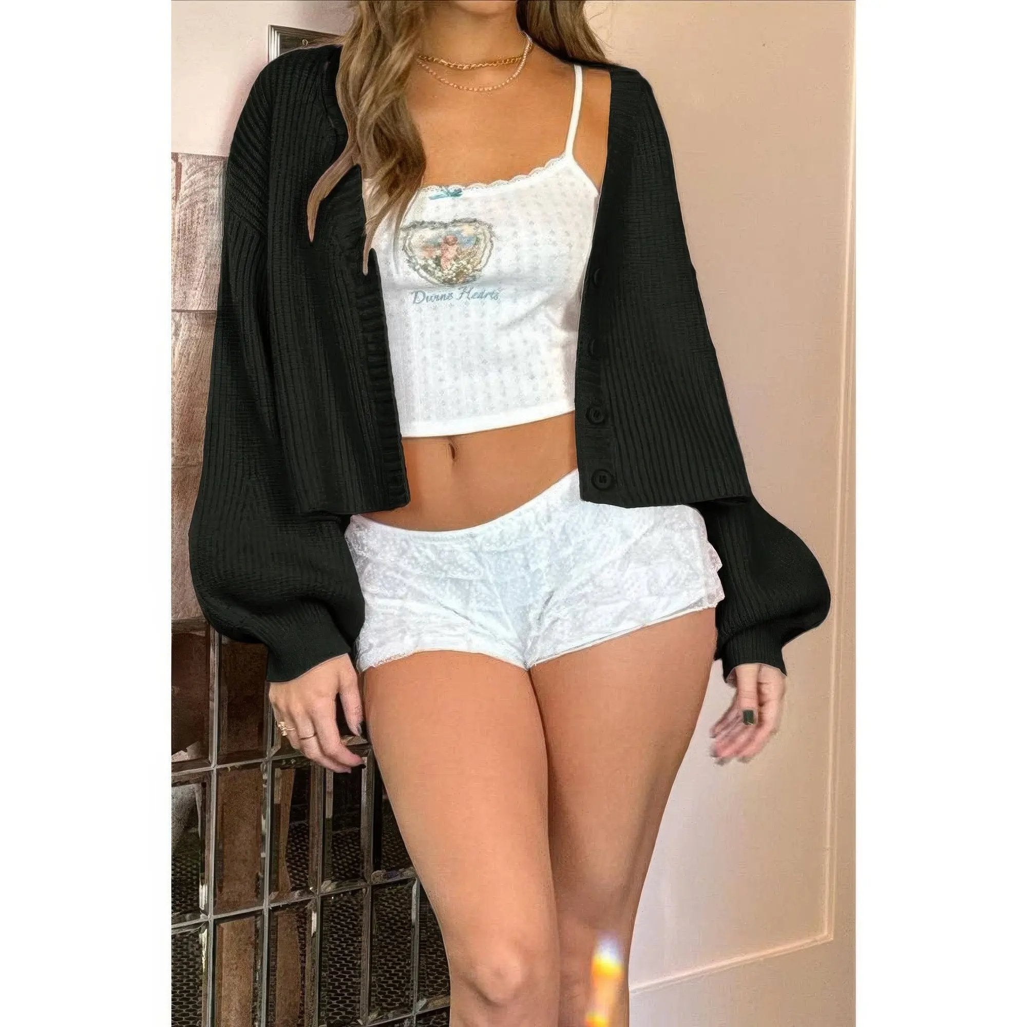 Drop Shoulder Solid Knit V Neck Button Sweater - DressAffection