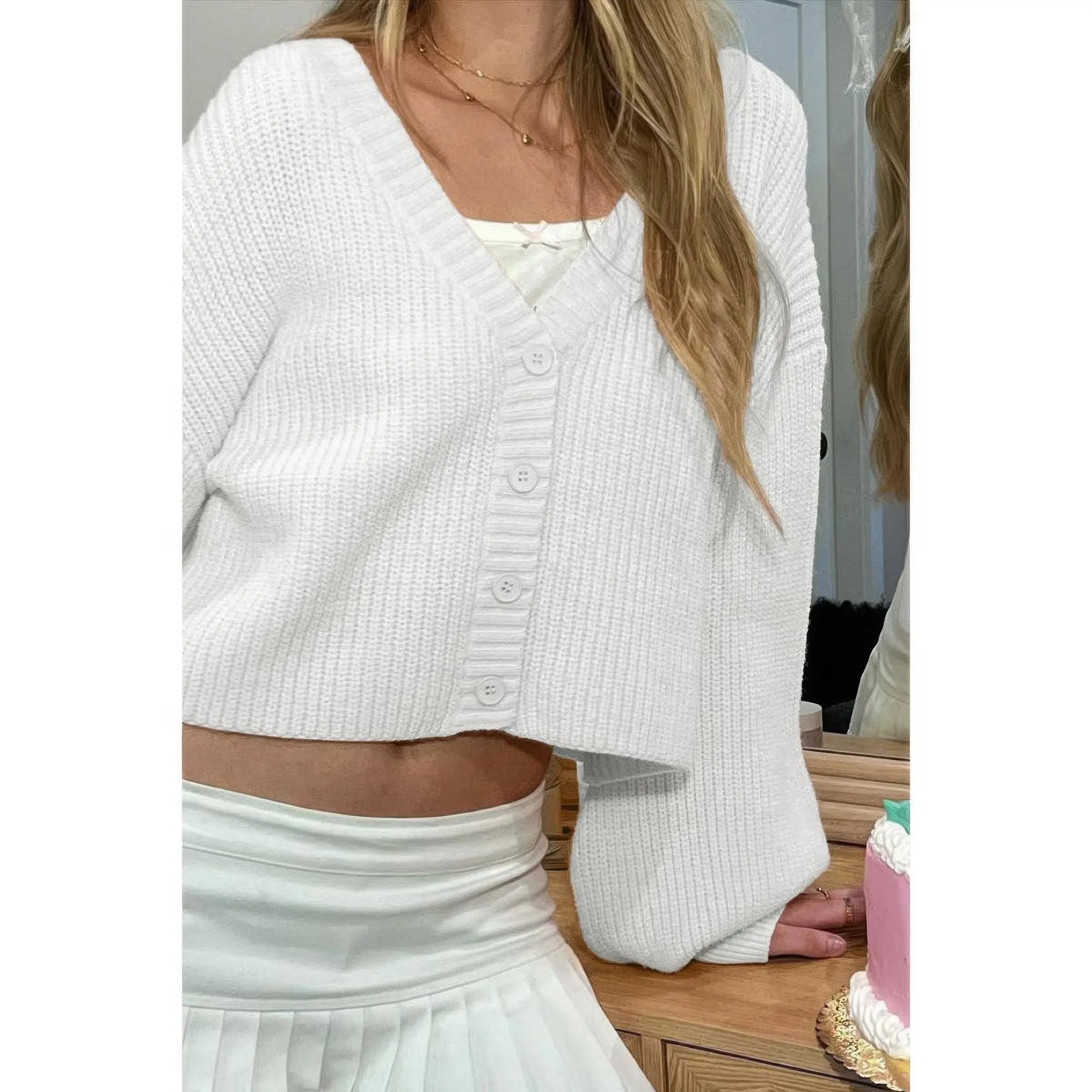 Drop Shoulder Solid Knit V Neck Button Sweater - DressAffection