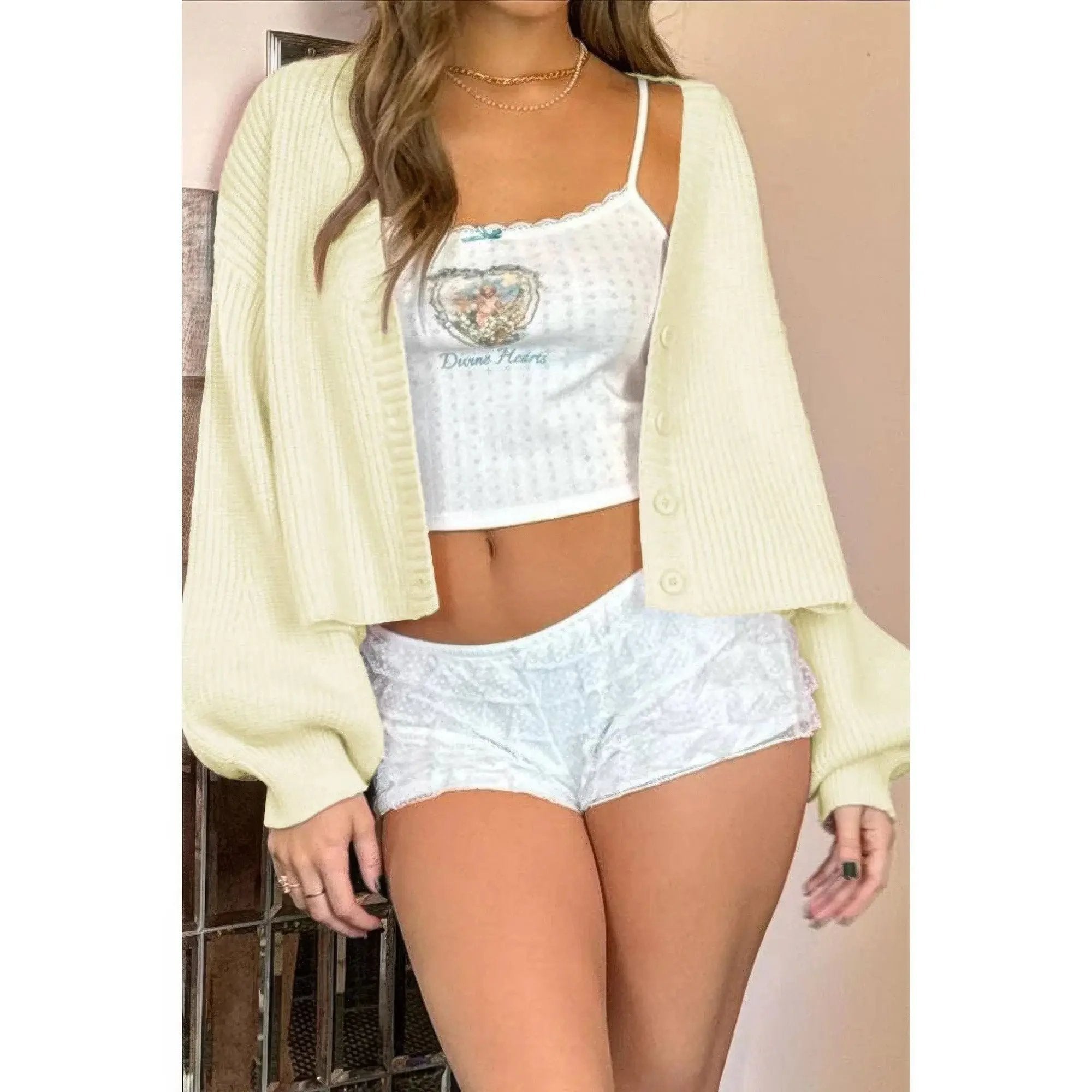 Drop Shoulder Solid Knit V Neck Button Sweater - DressAffection