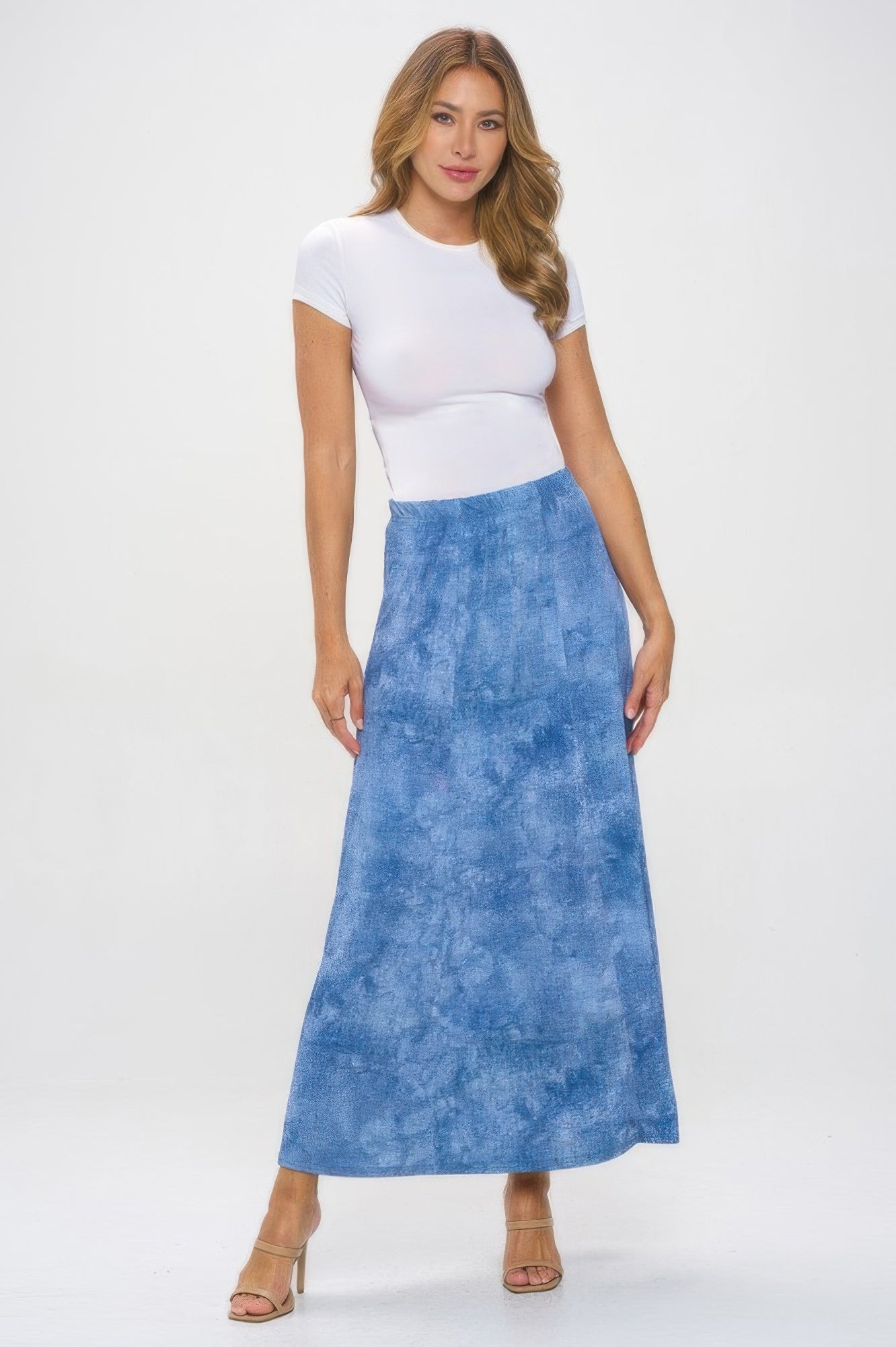 Elastic Waistband Denim Print Long Flared Skirt - DressAffection