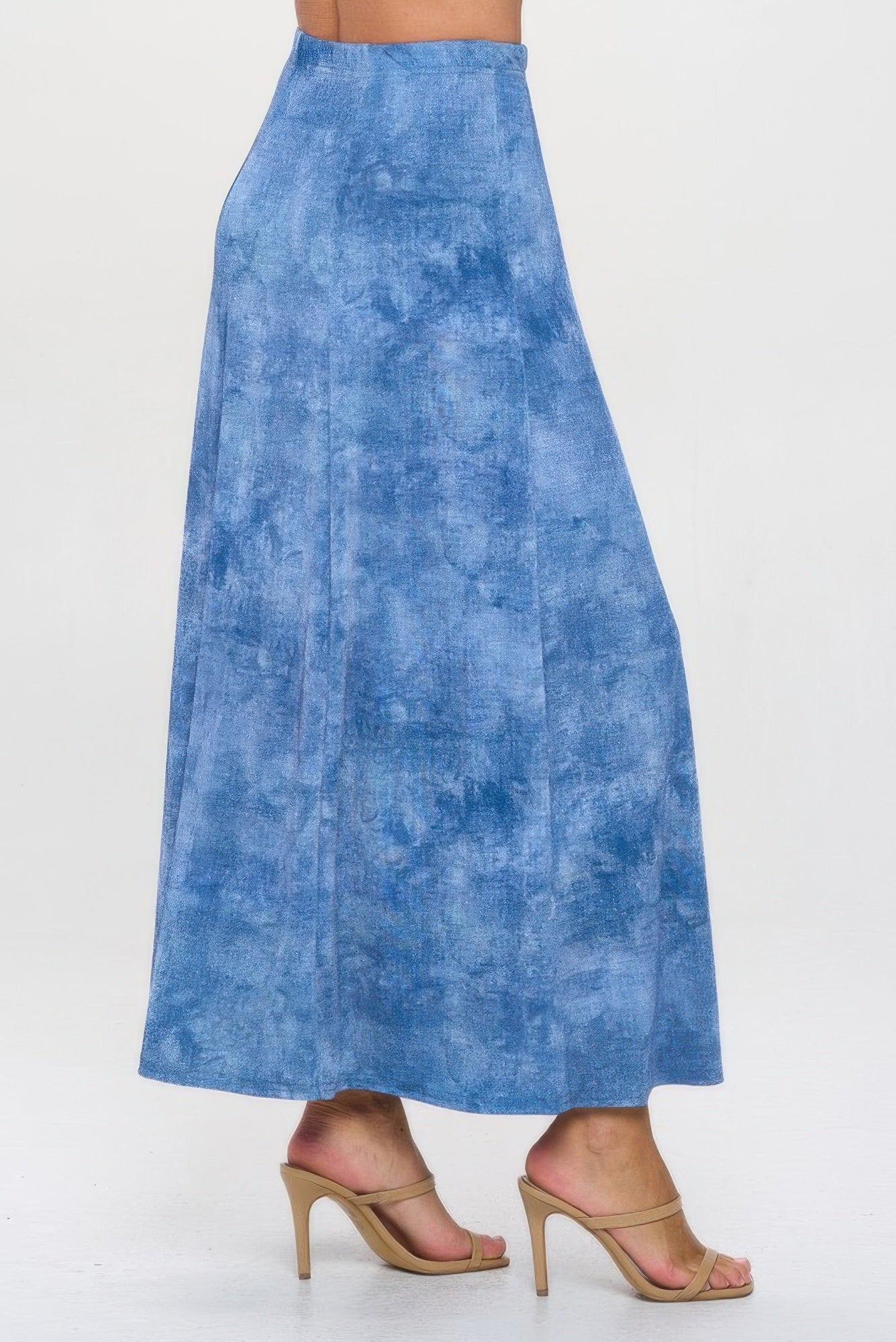 Elastic Waistband Denim Print Long Flared Skirt - DressAffection