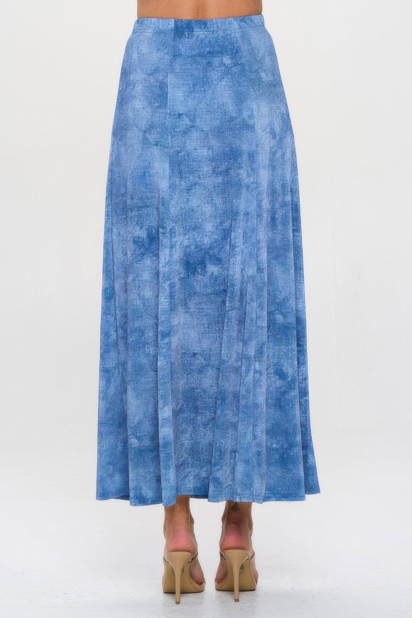 Elastic Waistband Denim Print Long Flared Skirt - DressAffection
