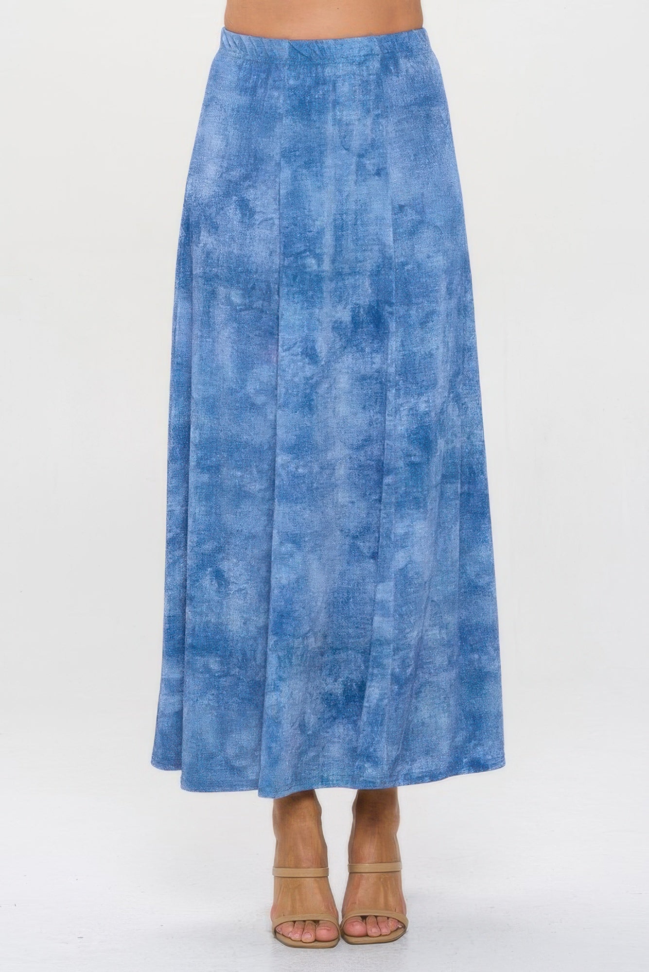 Elastic Waistband Denim Print Long Flared Skirt - DressAffection