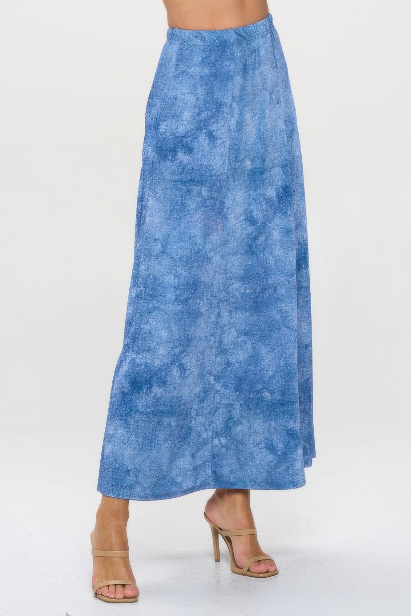 Elastic Waistband Denim Print Long Flared Skirt - DressAffection