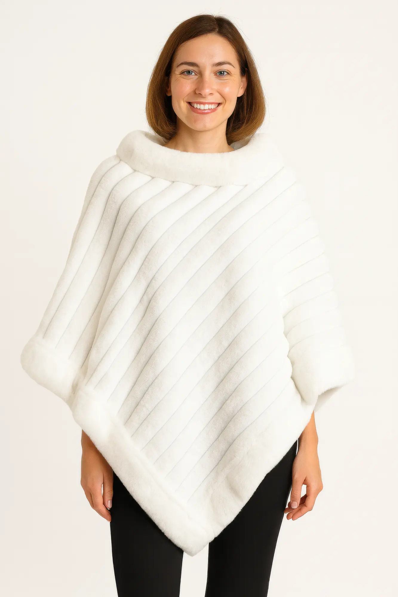 Elegant Faux Fur Winter White Poncho - DressAffection