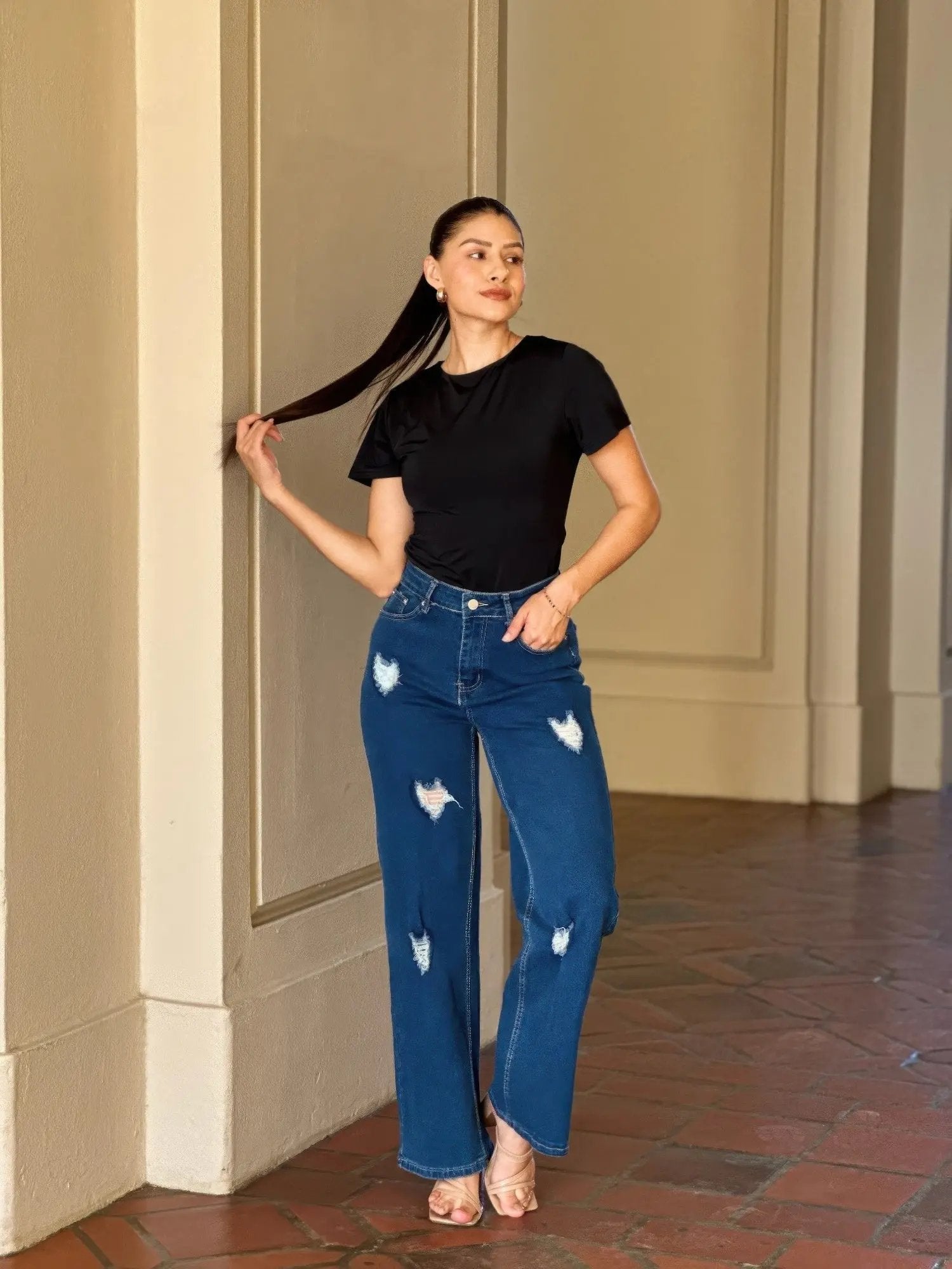 Embroidered Distressed Heart Wide Leg Denim Jean - DressAffection