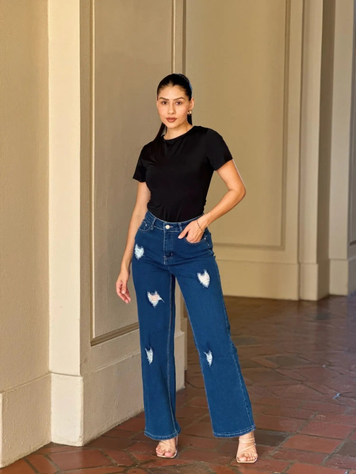 Embroidered Distressed Heart Wide Leg Denim Jean - DressAffection