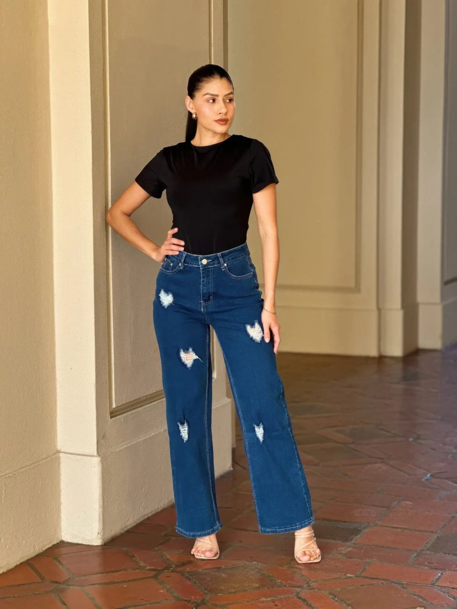 Embroidered Distressed Heart Wide Leg Denim Jean - DressAffection