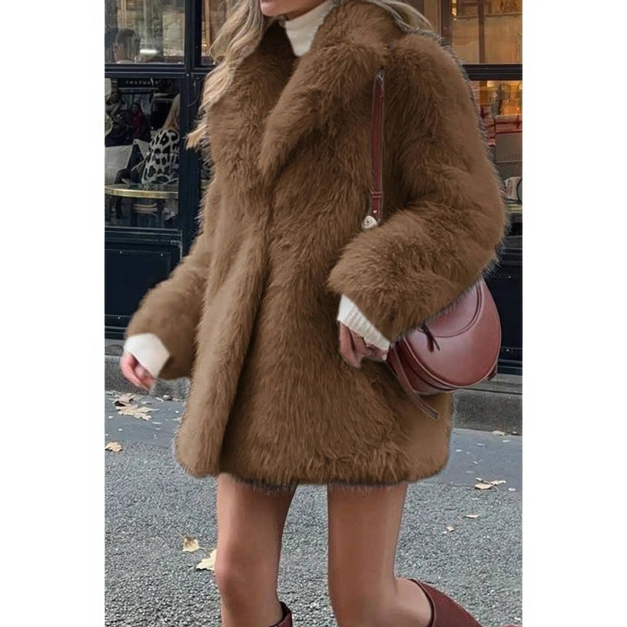 Faux Fur Fuzzy Fleece Lapel Open Front Coat - DressAffection