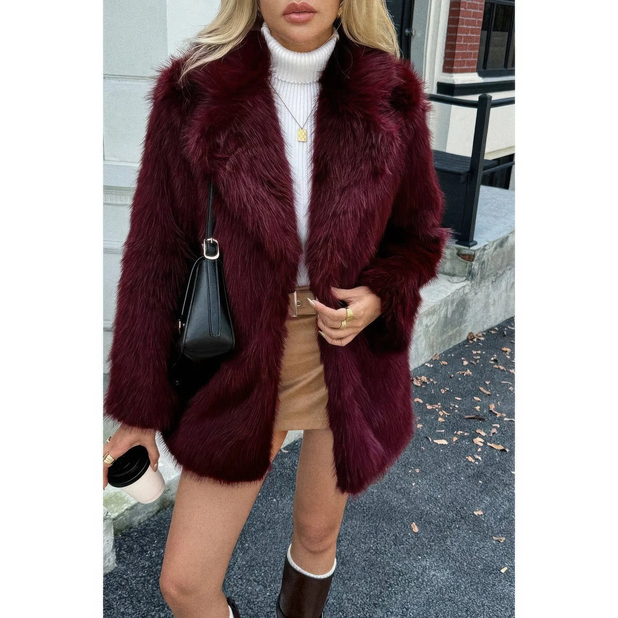 Faux Fur Fuzzy Fleece Lapel Open Front Coat - DressAffection