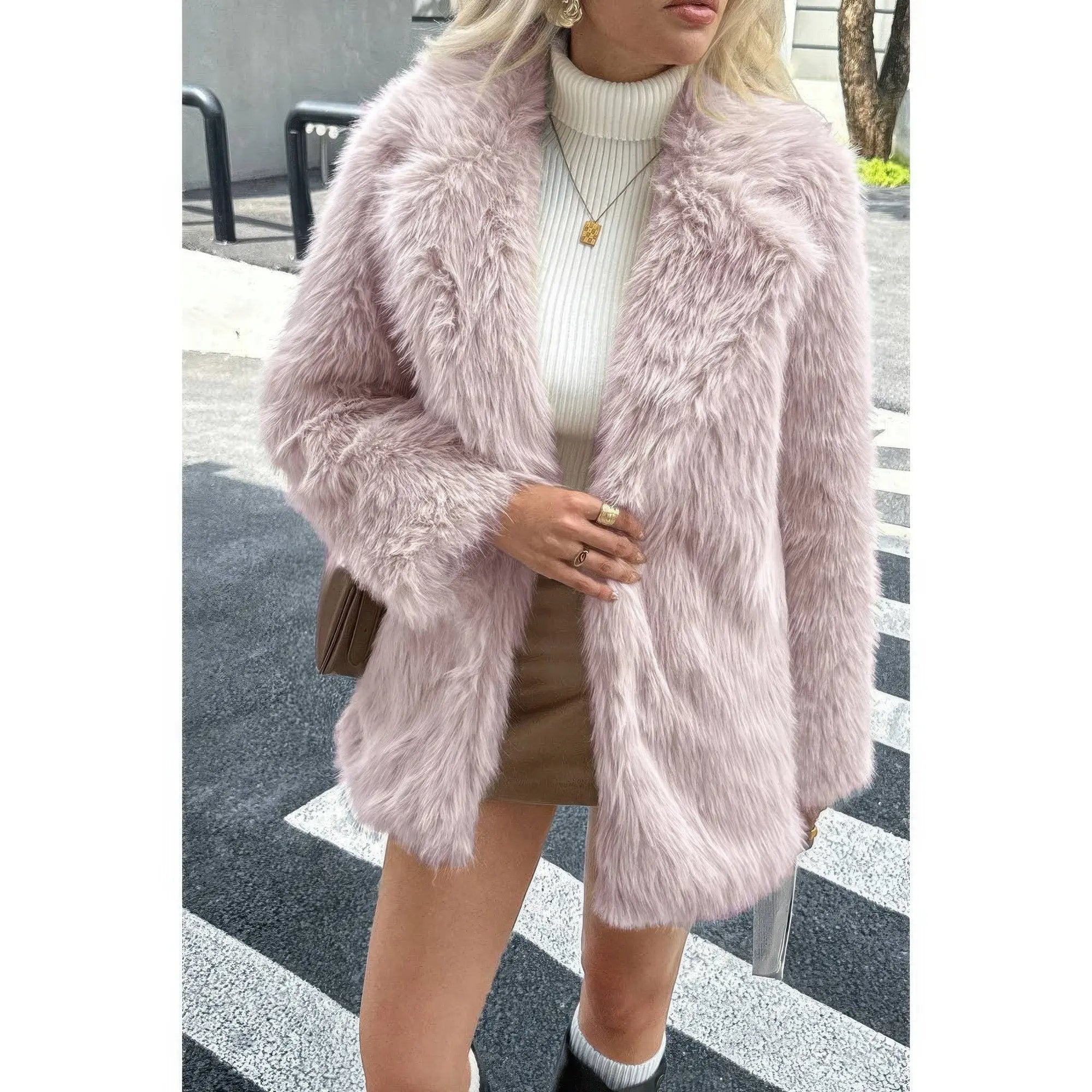 Faux Fur Fuzzy Fleece Lapel Open Front Coat - DressAffection