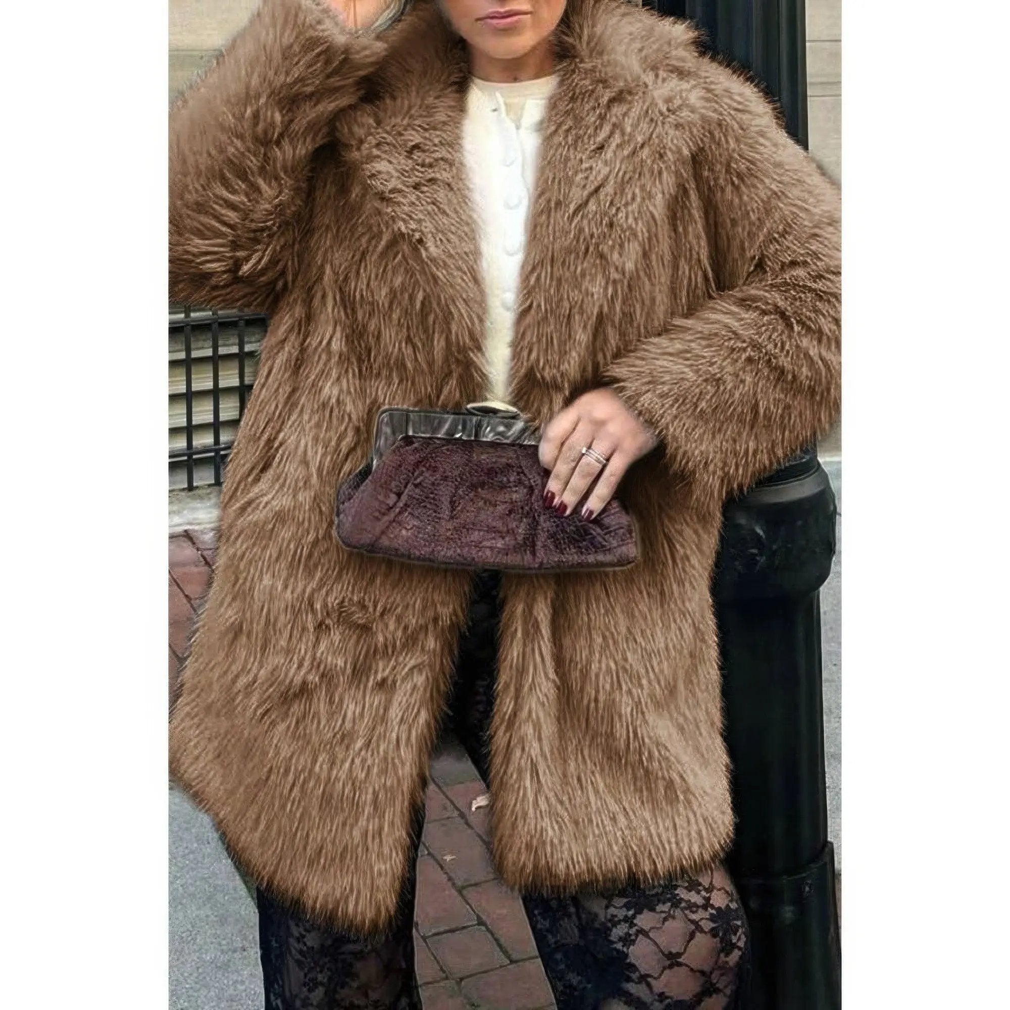 Faux Fur Fuzzy Fleece Lapel Open Front Coat - DressAffection