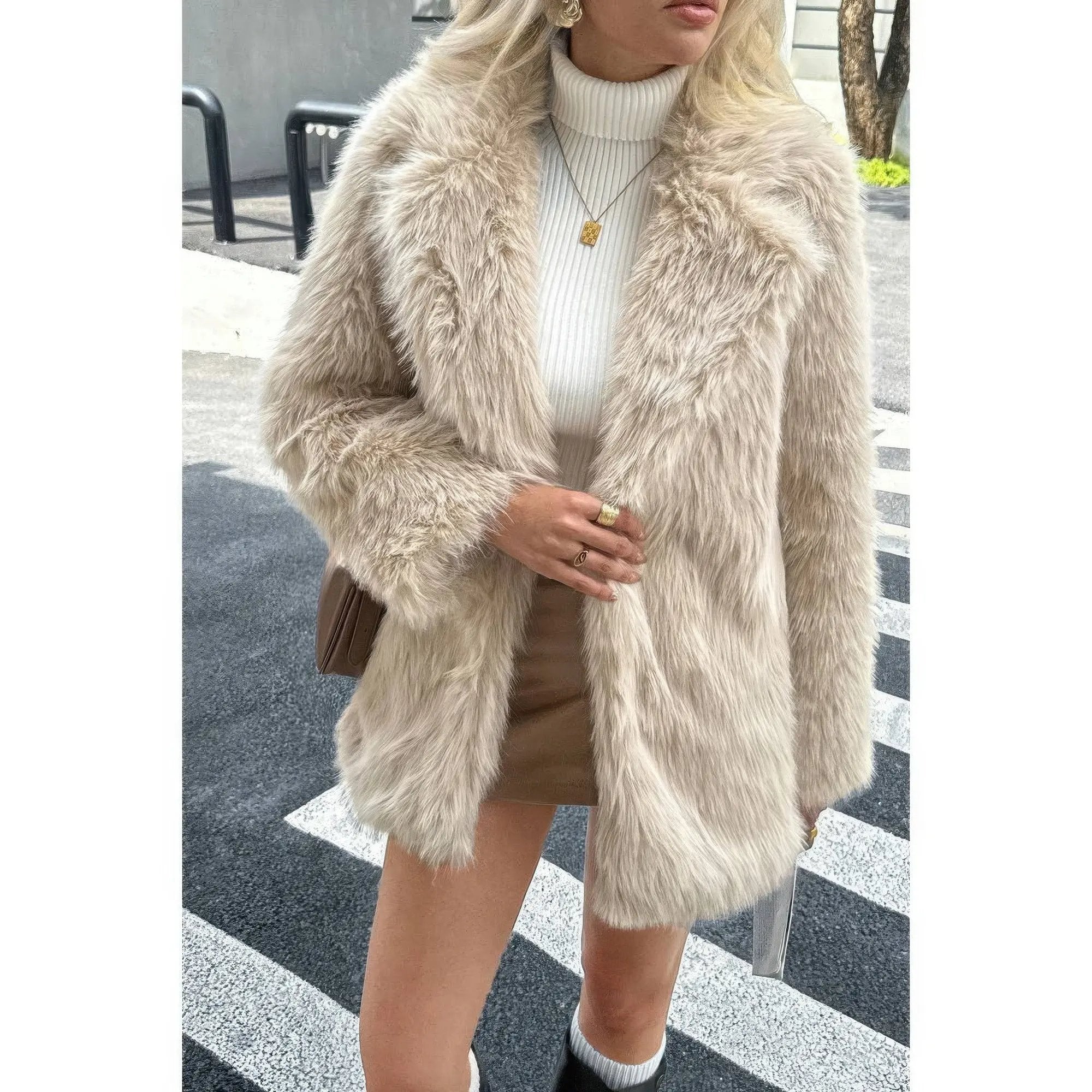 Faux Fur Fuzzy Fleece Lapel Open Front Coat - DressAffection